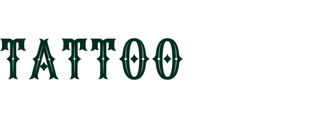 Close-up of a tattoo logo with ornate lettering spelling 'Tattoo' against a black background.
