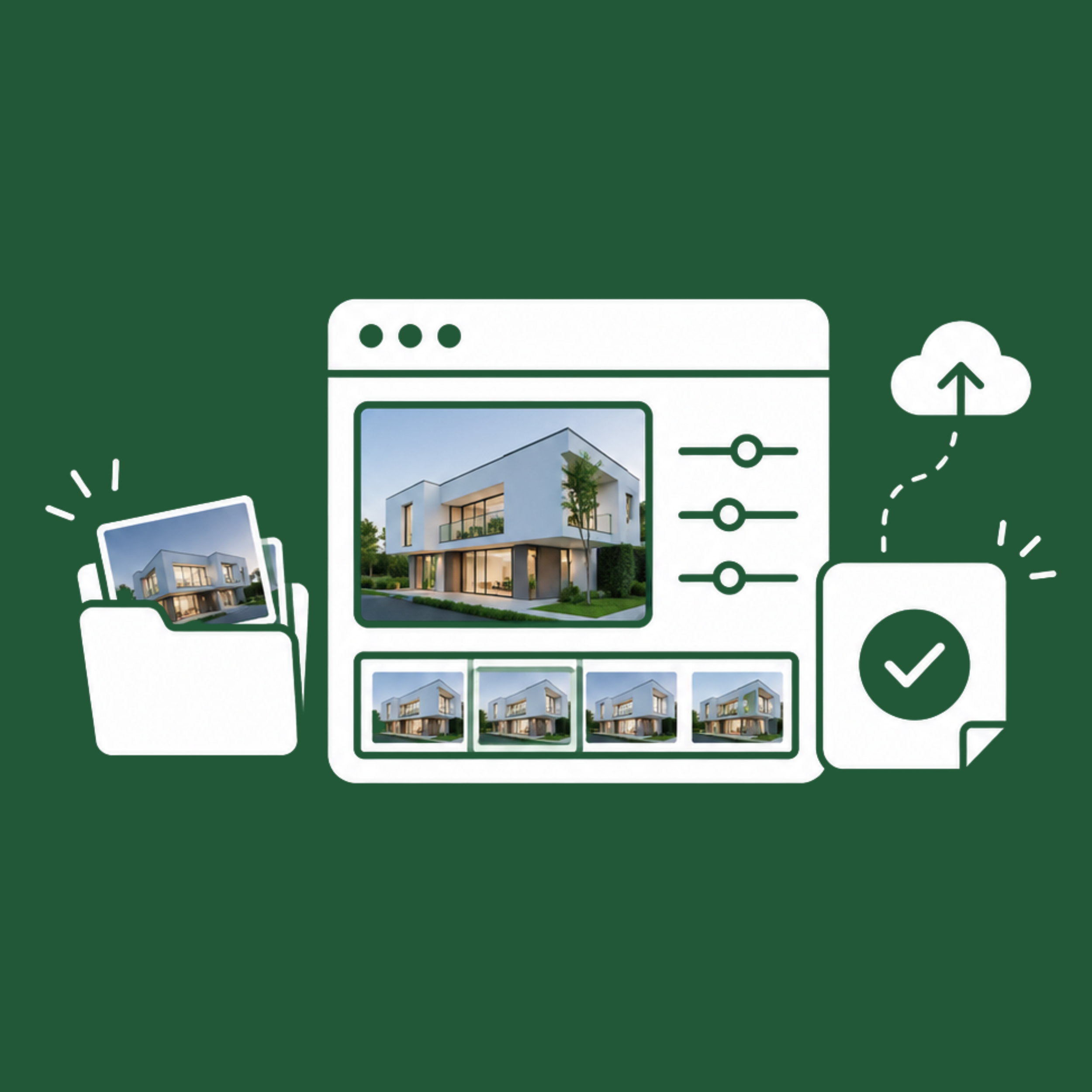 Real estate photo editing and post production workflow including media processing, quality control, revisions, and delivery.