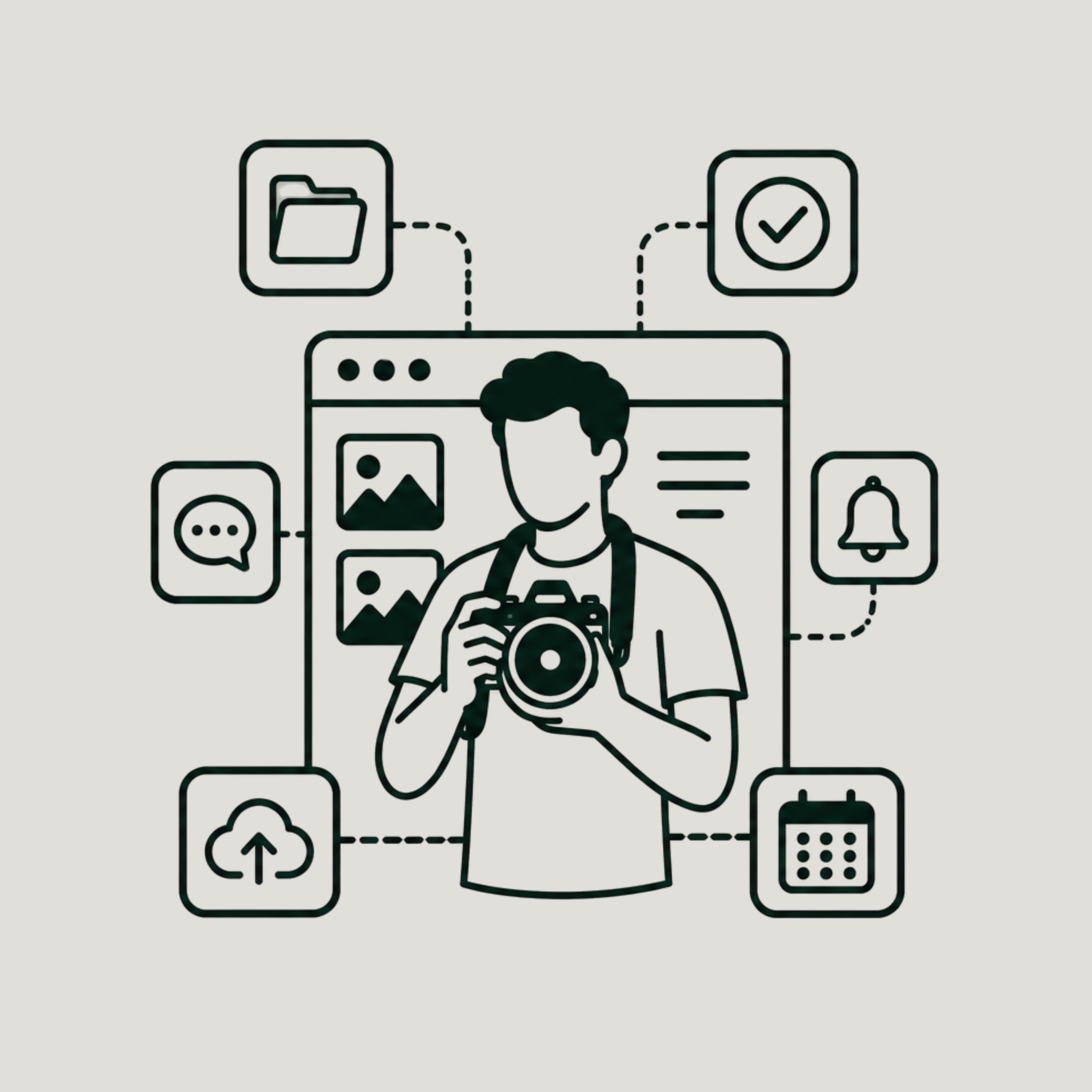 Real estate photographer supported by booking management, client communication, scheduling, uploads, editing, and marketing systems.