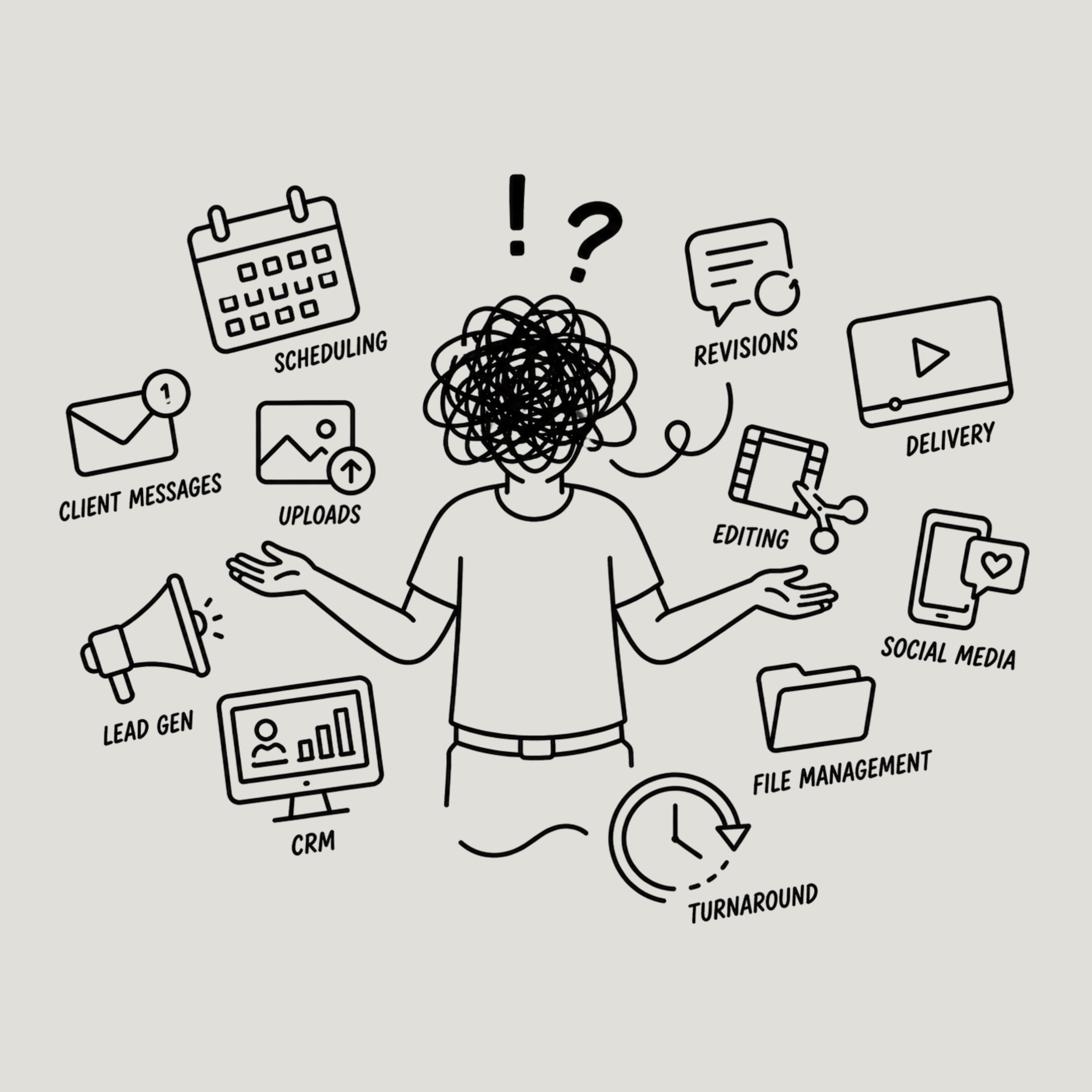 Real estate media business owner overwhelmed by scheduling, editing, client communication, marketing, file management, revisions, and media delivery.