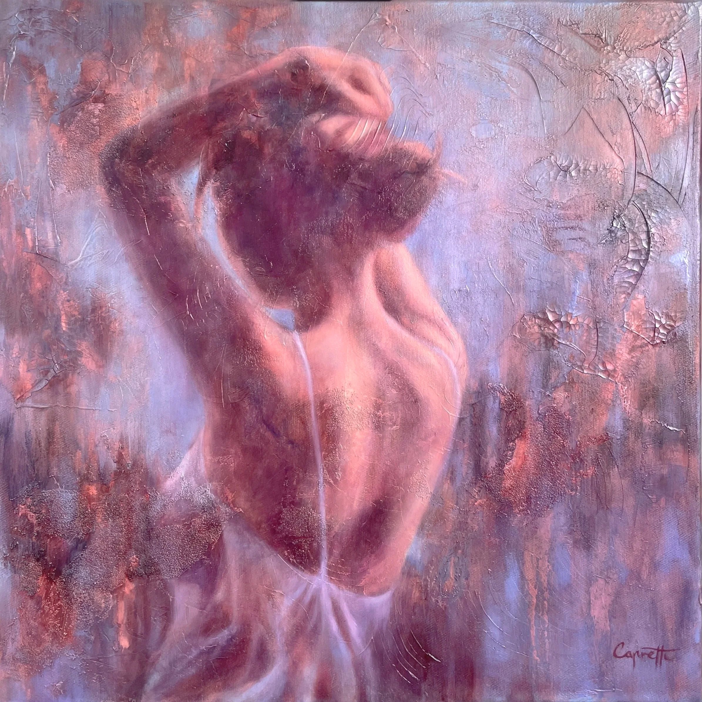 Abstraktes Gemälde einer Frau von hinten, die sich vor einem violetten Hintergrund die Haare hochsteckt.