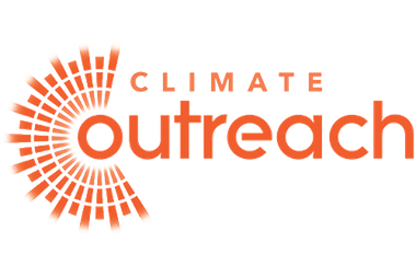 Logo of Climate Outreach featuring a circular design made of orange brick-like shapes and the words 'CLIMATE outreach' in orange text.
