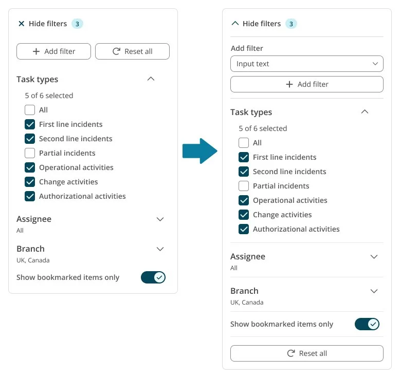 Showcase of the changes in the side filtering according to user feedback from the user testing