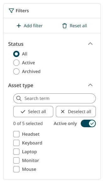 Showcase of side panel filtering with complex options