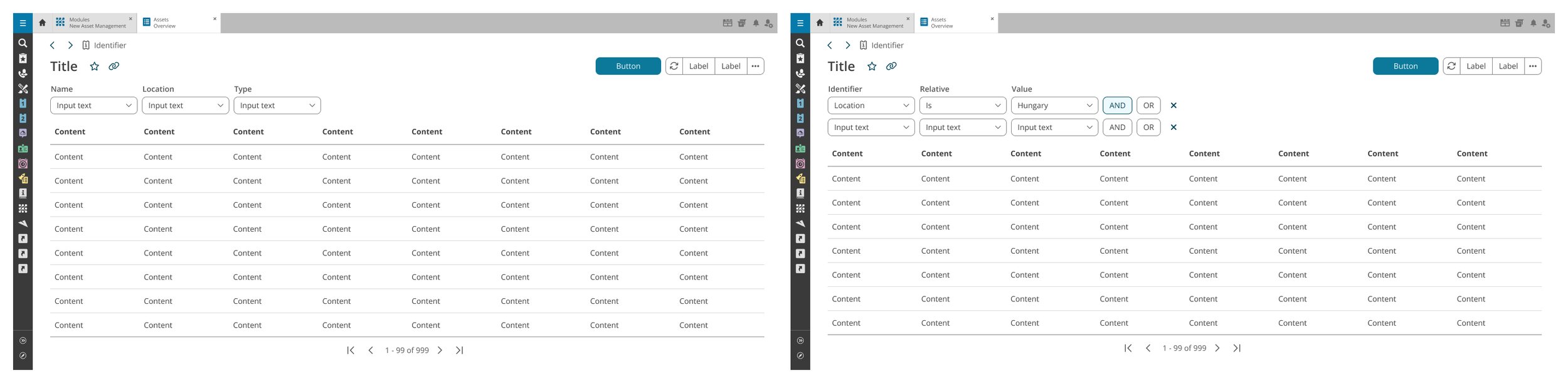 Filtering early version with separated simple and advanced filters positioned at the top of content