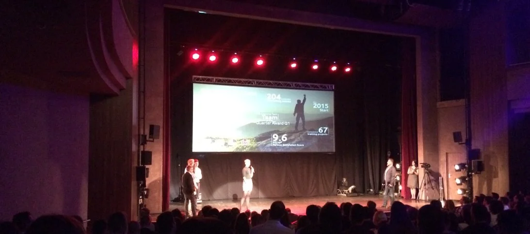 Image of a presentation located in Budapest for the hungarian branch about our teams achievements, the presentation created by me.