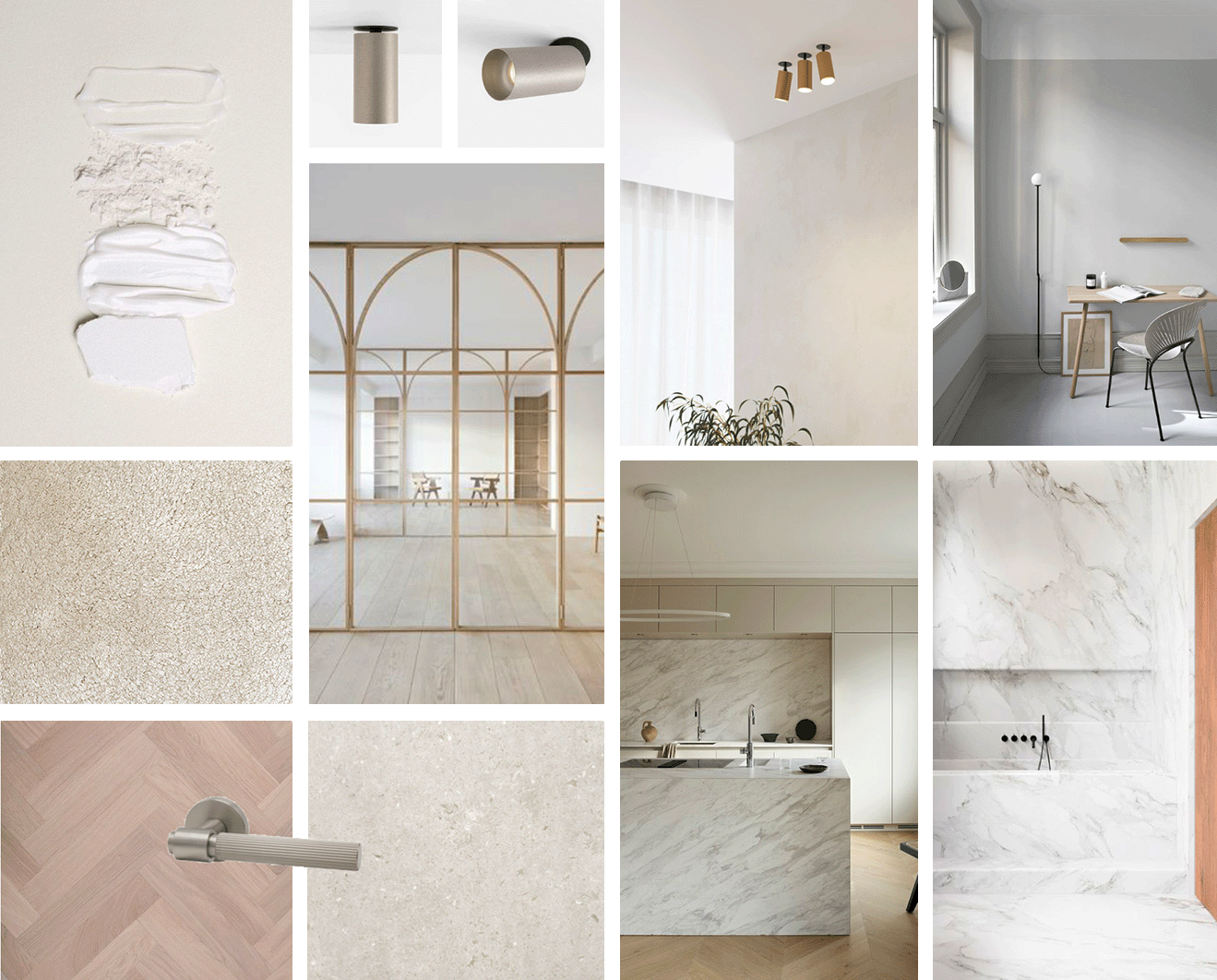 Bild inspo av inredning med neutrala färger, vitt, beige och ljus trä. Bilder av taklampor, texturerade väggar, möbel och byggmaterial som marmor, trä och betong, samt ett skåp och ett kök med marmorbänkskiva i projektet Valfisken i Stockholm