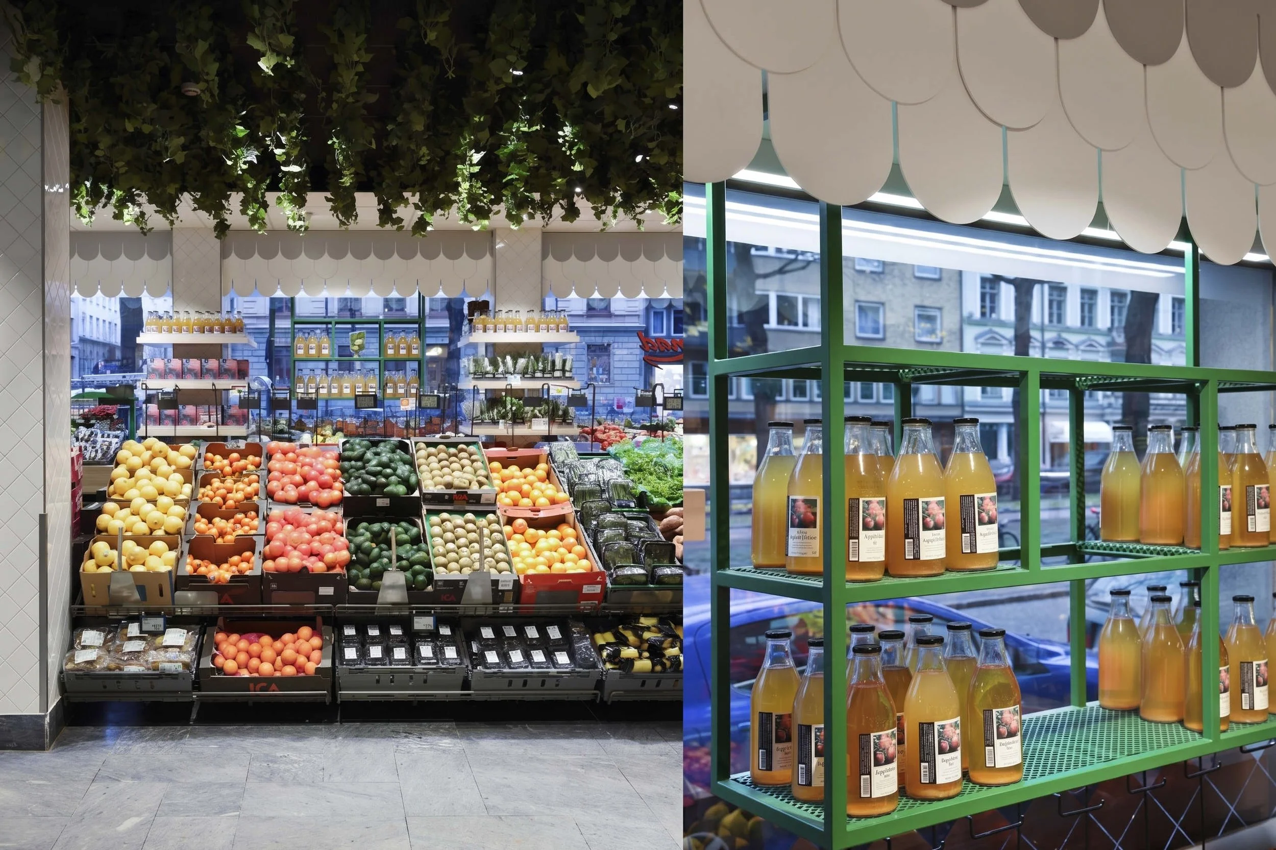 Bild av en livsmedelsbutik med frukt och drycker på hyllor, inklusive äpplen, tomater, och flaska med juice, mot ett fönster med byggnader utomhus i projektet Ica i Stockholm