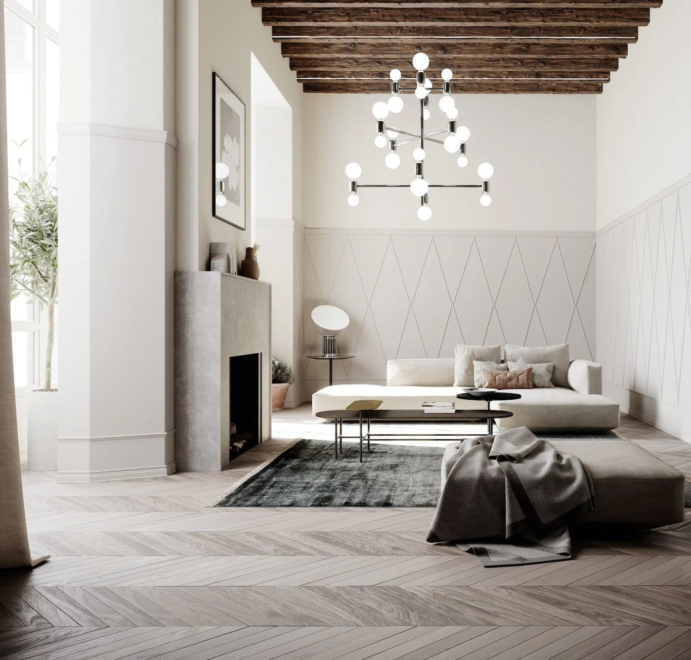 Modernt vardagsrum med vit soffa, soffbord, golvmatta, konstväxt, taklampor, trägolv och vit väggpanel i projektet Impremta graden i Spain