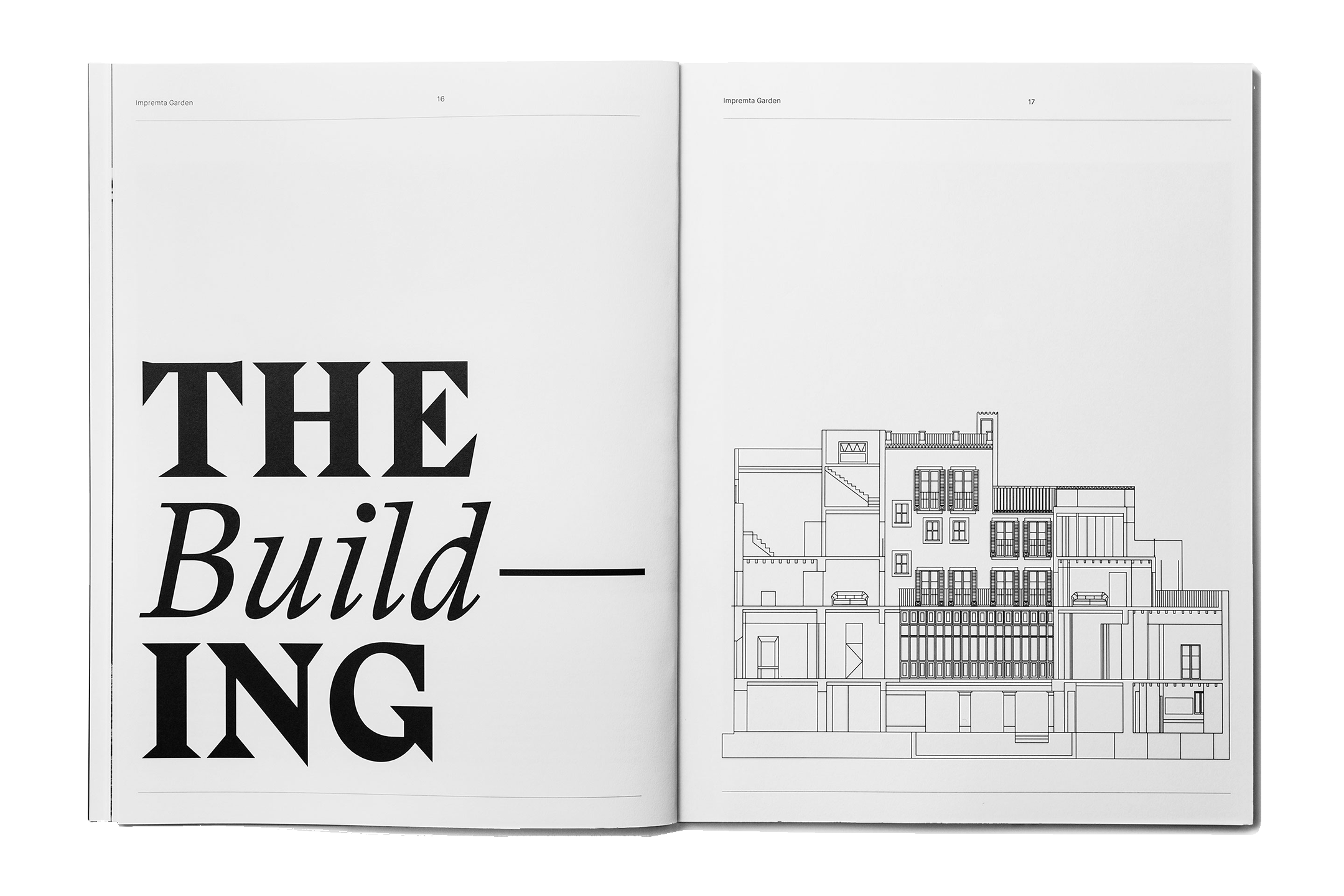 Öppnad bok med byggplaner och ritningar av ett flerfamiljshus, där texten 'THE BUILDING' är delvis synlig för projektet Impremta graden i Spain