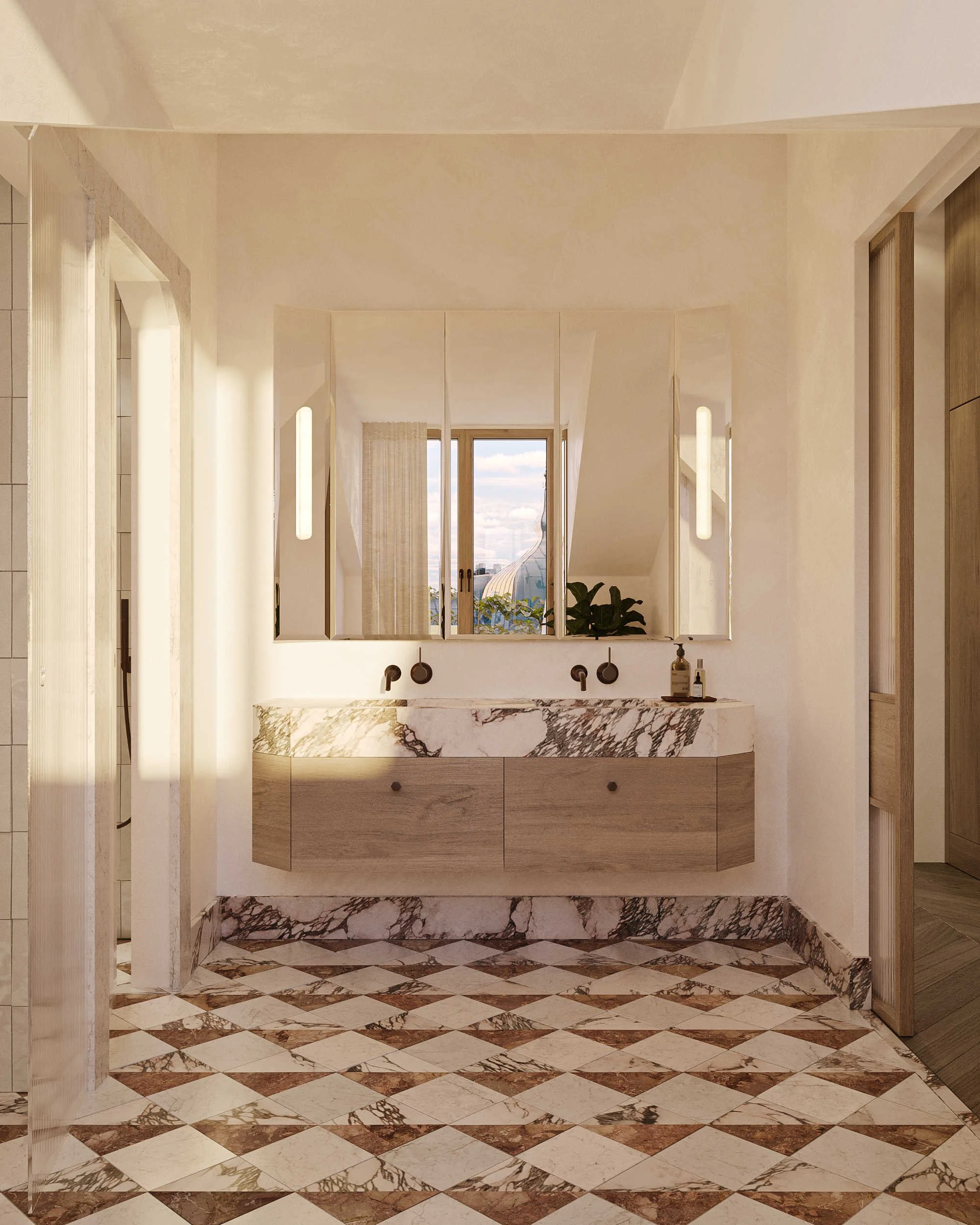 En elegant duschrum med marmorbård, spegel och handfat med modern design i projektet Torstenssonsgatan 12 i Stockholm