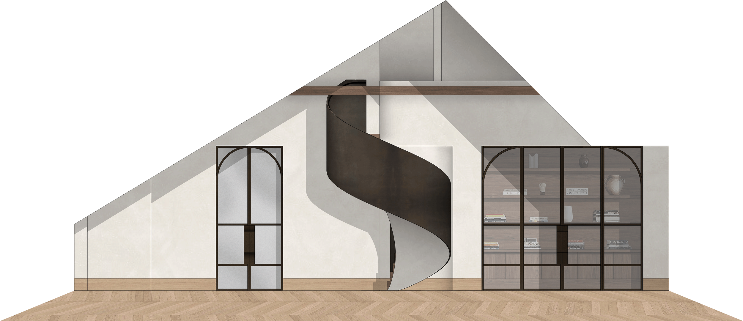 Interiör av ett modernt hus med synlig spiraltrappa, stora fönster och ett vackert laminatgolv för projektet Skeppargatan 60 i Stockholm