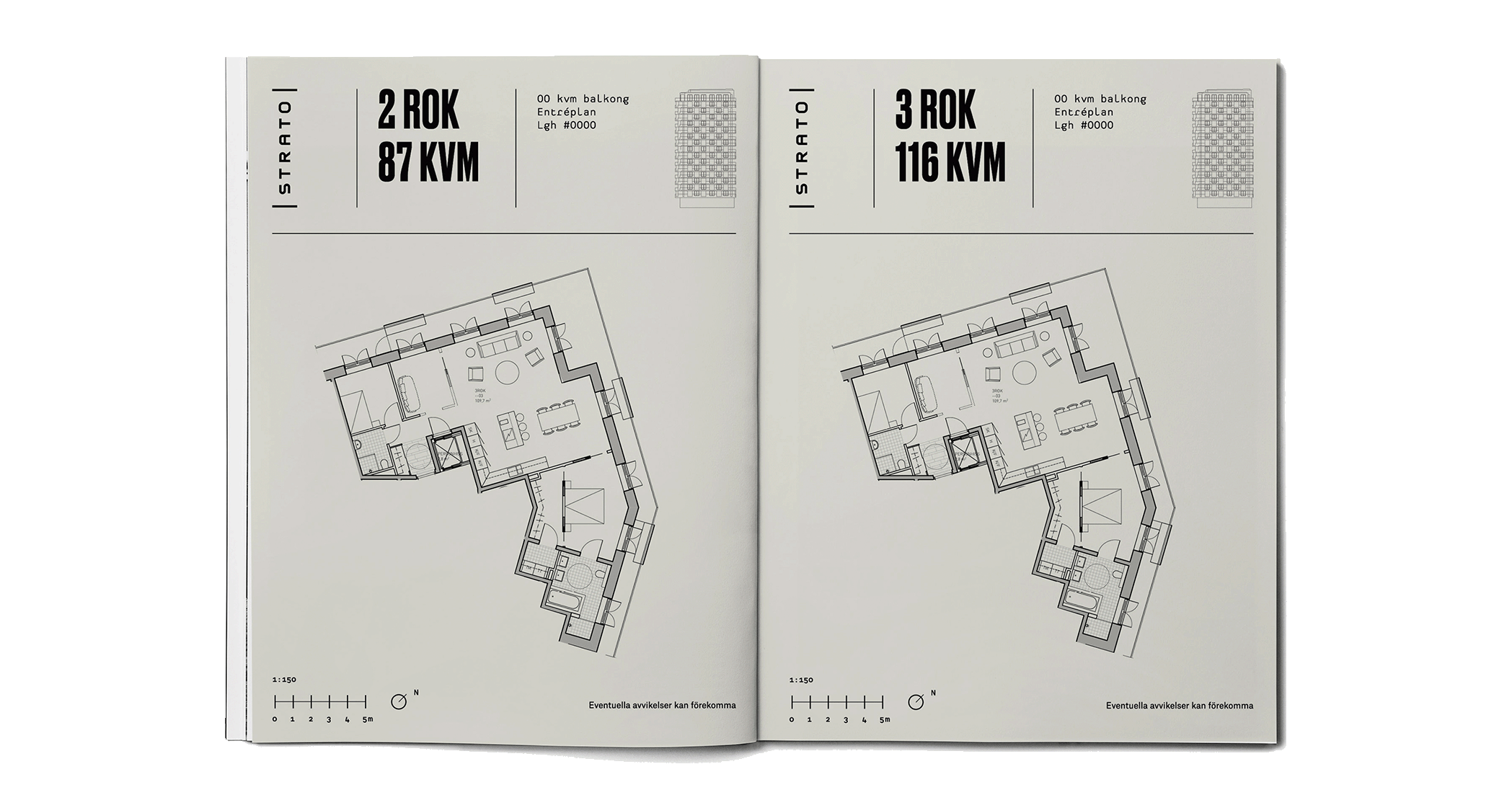 Två sidor av ett arkitekternas ritning av en lägenhet, med text om antal rum och yta i kvadratmeter, samt ett grovt ritningsavsnitt av lägenhetens planlösning i projektet Strato i Stockholm