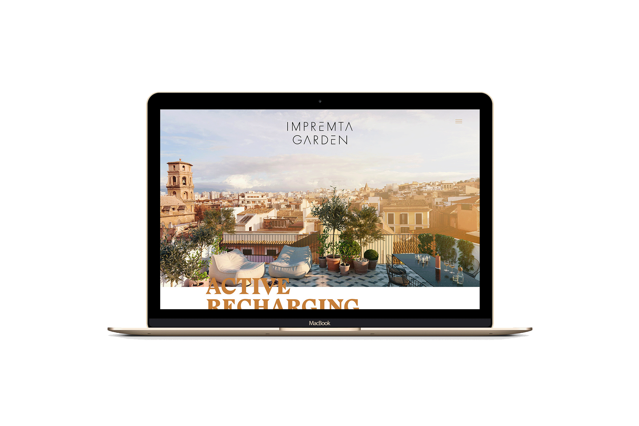 En bärbar dator som visar en hemsida med utsikt över en takterrass med utemöbler och växter, samt en stadsbild i bakgrunden för projektet Impremta graden i Spain
