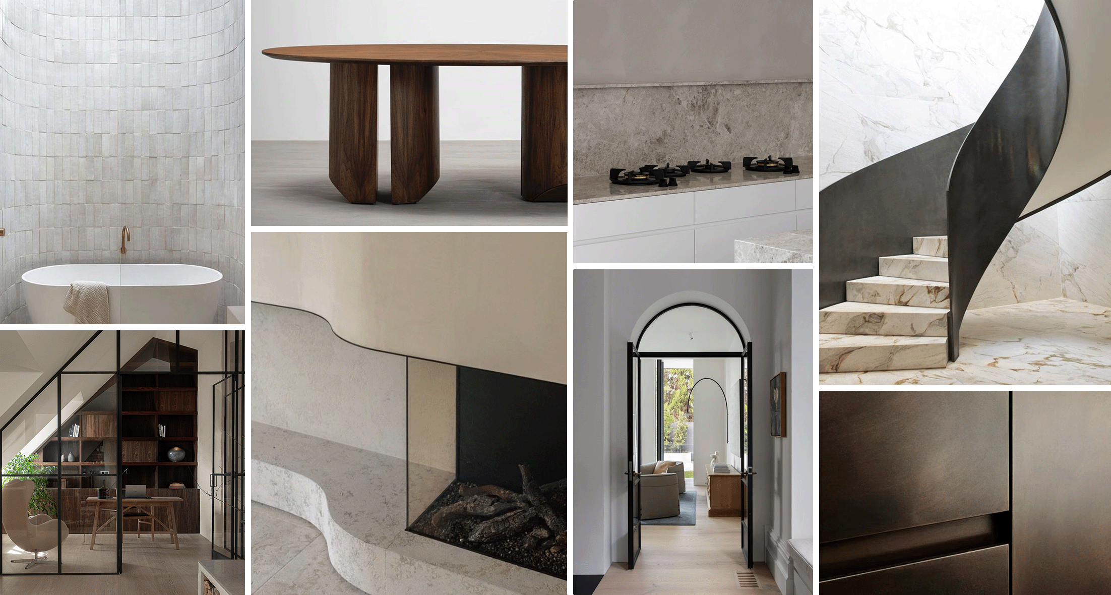Kollage av inomhus- och utomhusmiljöer med modern design, inklusive badrum, matbord, kök, trappa, kontorsutrymme och inredning i ljusa och neutrala färger.