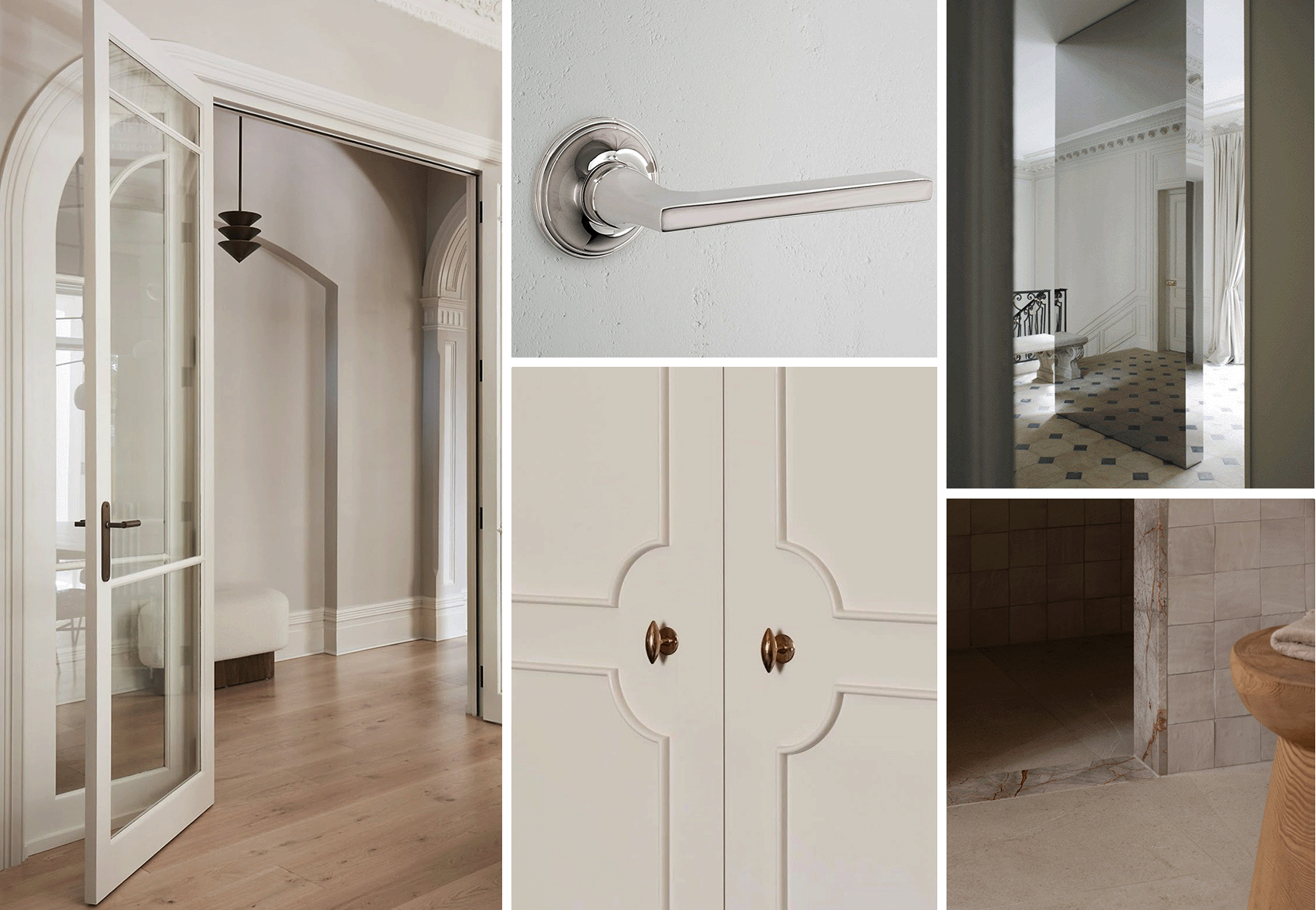 Bild av olika inredningsdetaljer i ett hem, inklusive en glasdörr, en svart metallarmatur, ett vitt handtag, en segmenterad vit skåp och en hall med mönstrad golvmatta samt kaklade väggar i projektet Havsfrun i Stockholm