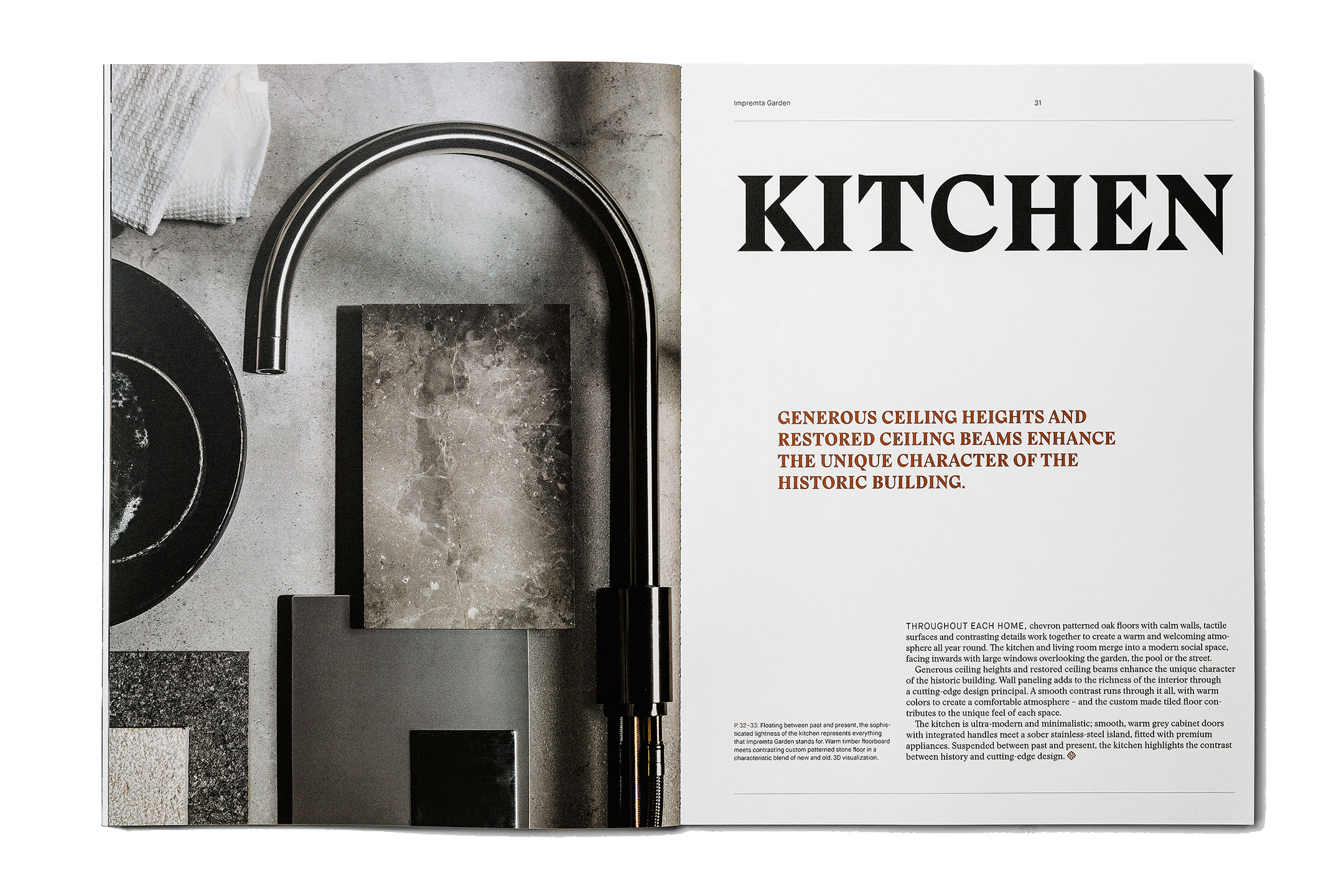 Öppningssida i en inspirerande köksbok som visar ett modernt kök med svart köksblandare och stengolv, samt text om kökets design och funktion för projektet Impremta graden i Spain