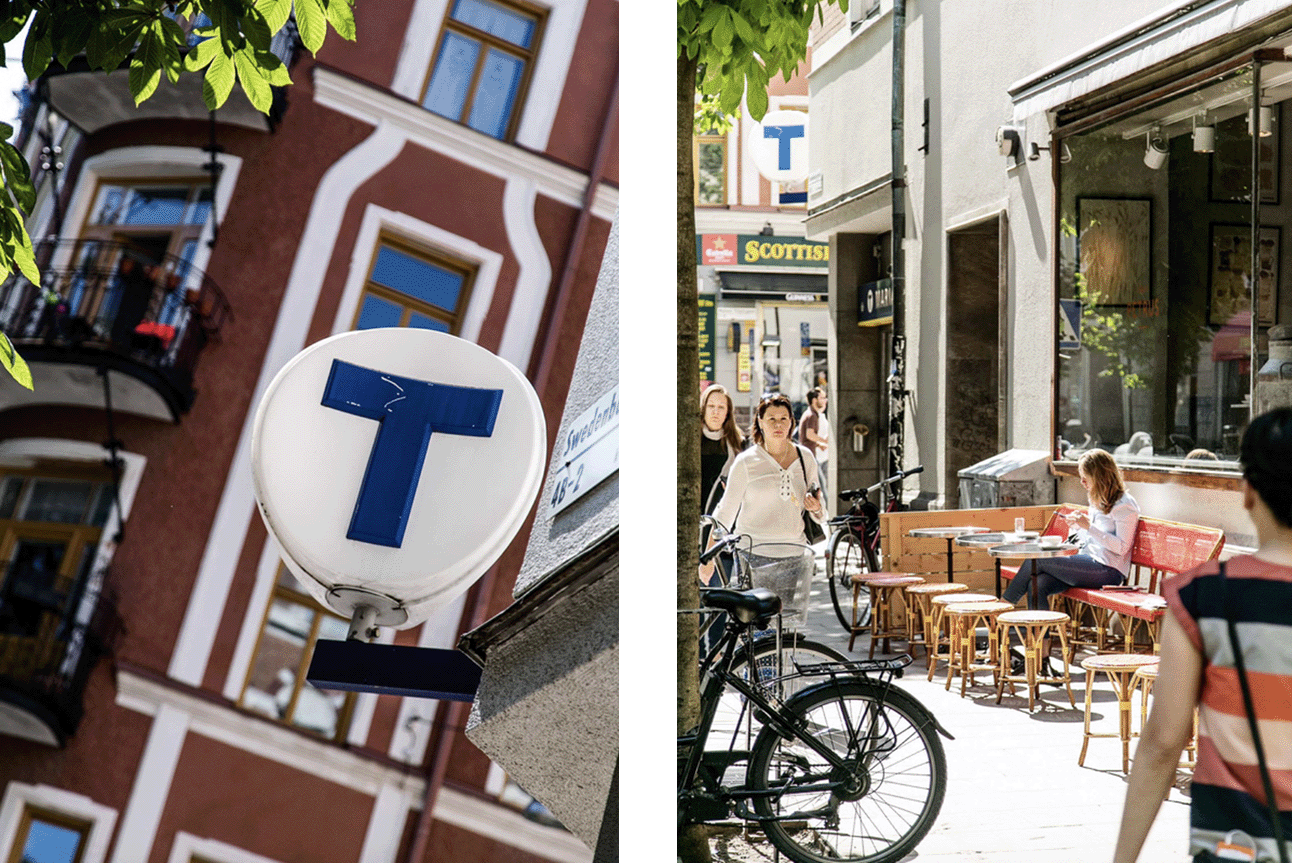 Två bilder. Den vänstra visar en T-linje skylt på en stadsvägg med ett äldre byggnad i bakgrunden. Den högra visar en stadsgata med människor som går, sitter på uteservering och cyklar, med butiker och skyltar i bakgrunden.