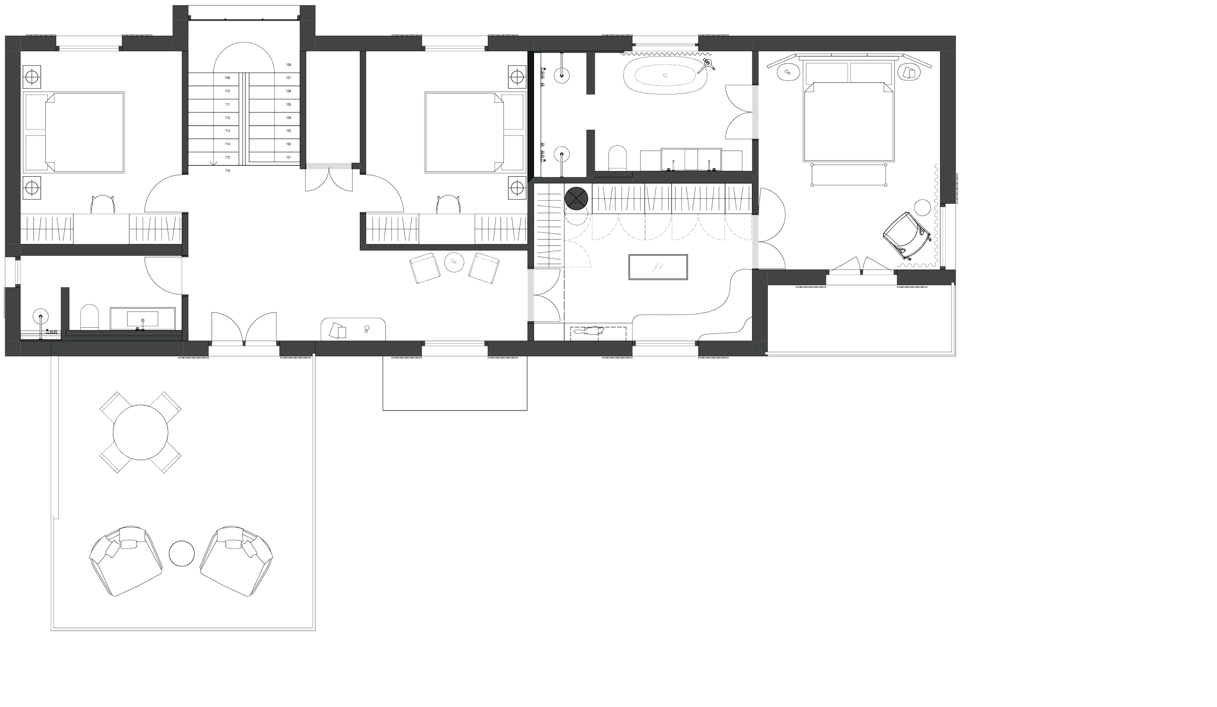 Översiktsplanritning av ett hus med flera rum, ett garage och en uteplats med bord och stolar i projektet Skarpö i Stockholm