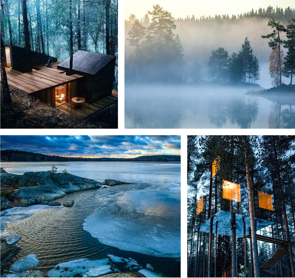Fyra inspo bilder av natursköna scener och moderna byggnader i skogsmiljö, inklusive ett trähus i skogen, en dimmig sjö, en isbelagd strand vid en sjö och ett arkitektoniskt tittartorn bland träd i projektet Amex i Stockholm