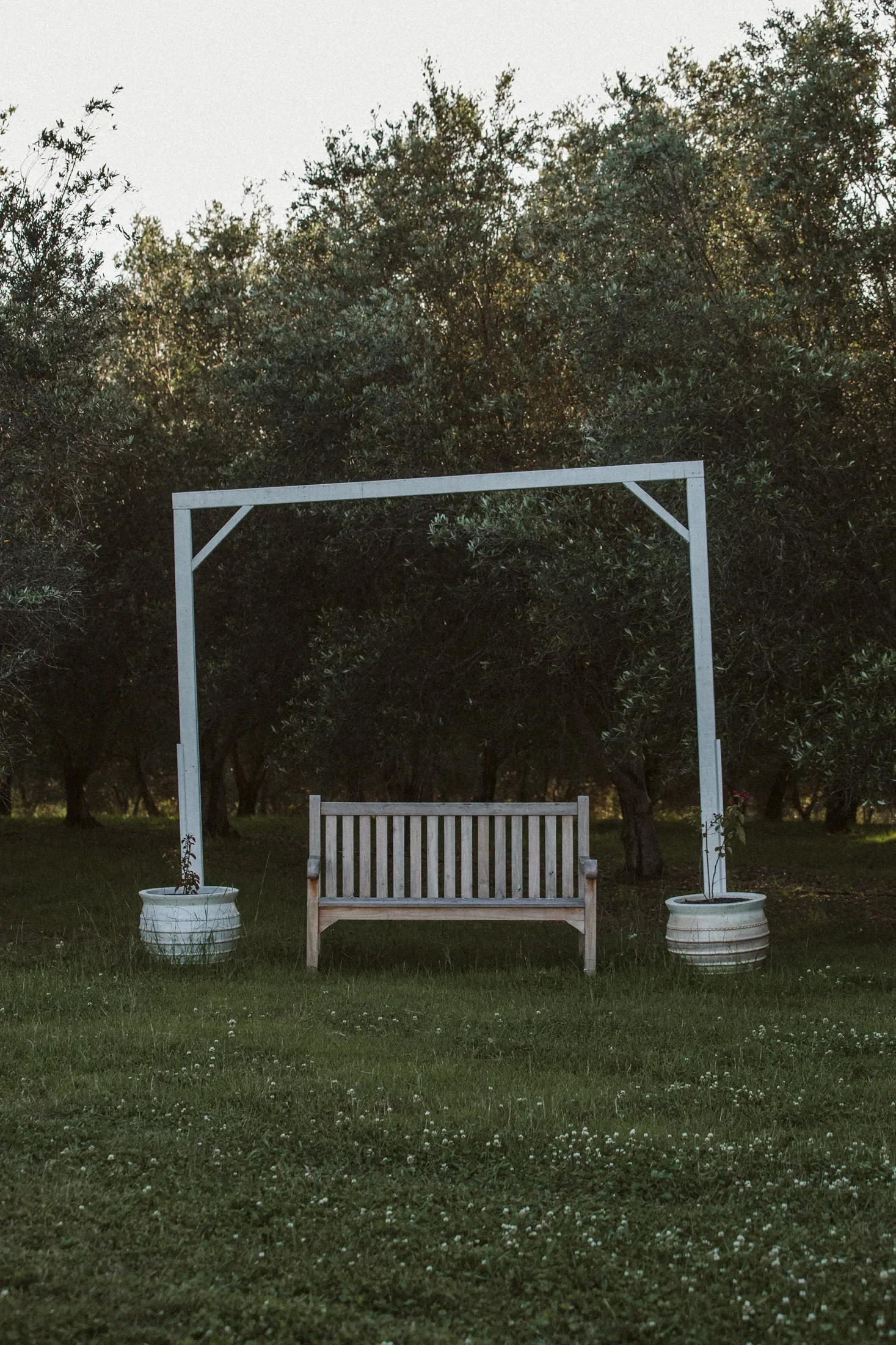 A white wooden bench under a white arbor in a garden with green grass and two large potted plants on either side, with trees and shrubbery in the background.