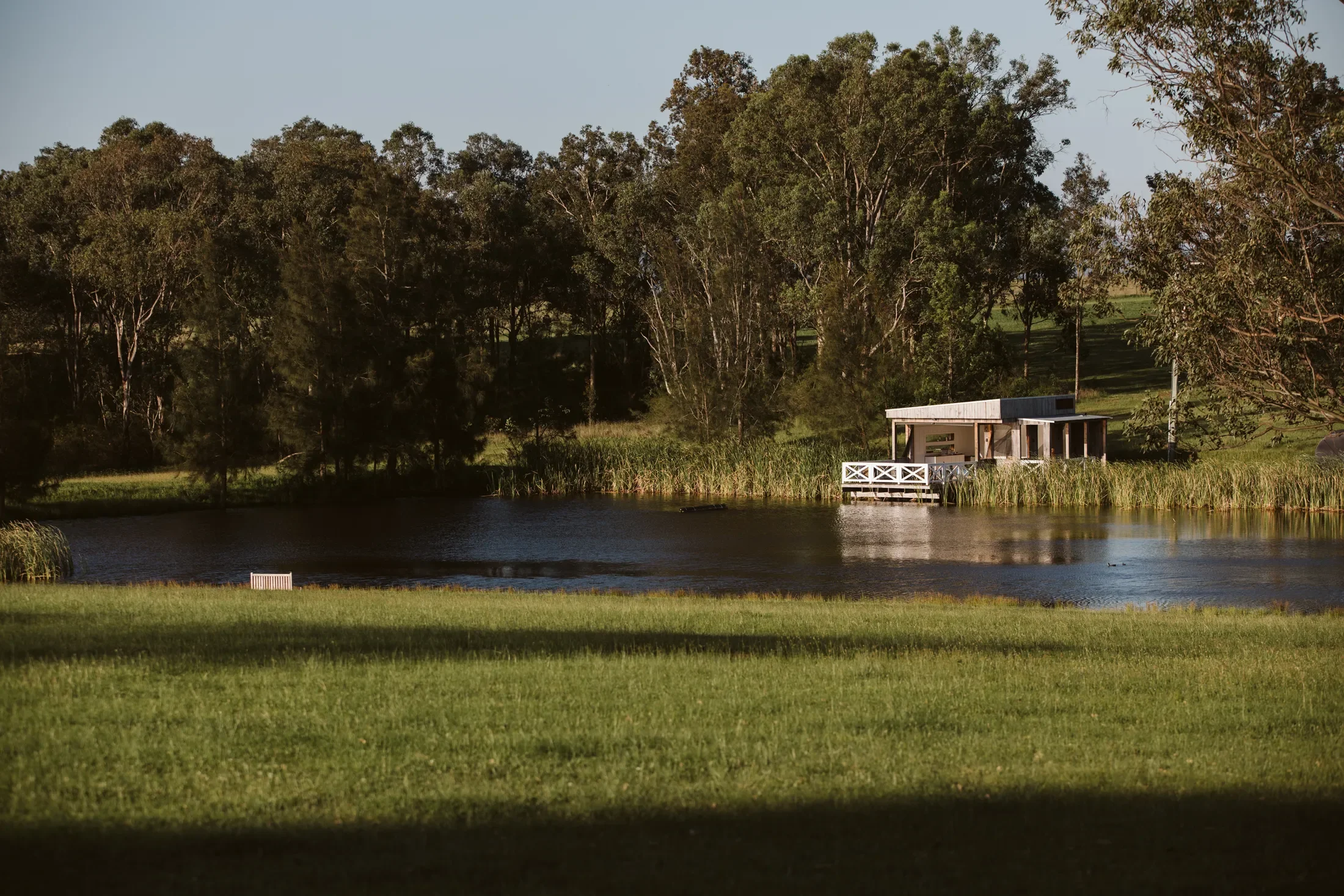 A small house on stilts near a body of water, surrounded by tall trees and grass, with a clear sky overhead.