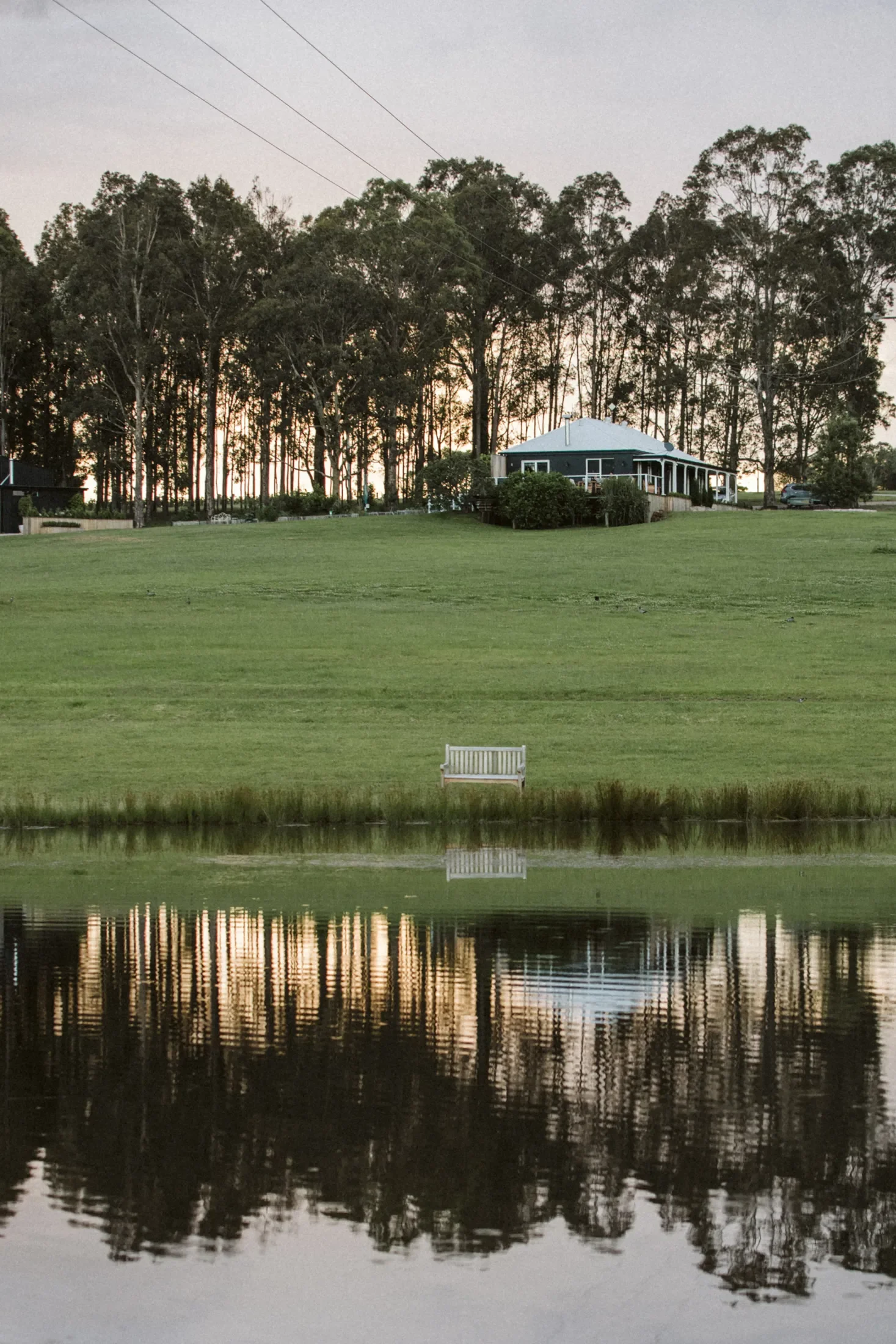 A peaceful lakeside scene with a house in the background, tall trees behind the house, a grassy area, and a small white bench near the water's edge, all reflected in the calm water at dusk.