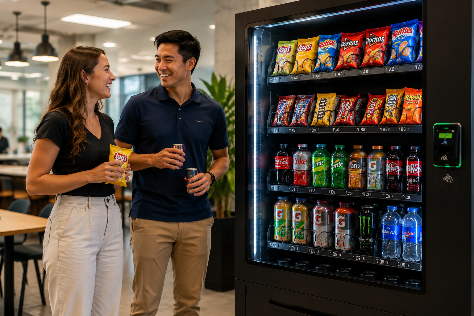 A man and woman smiling and holding snacks and drinks in front of a vending machine filled with chips, bottled sodas, and water in a modern, well-lit office lounge.
