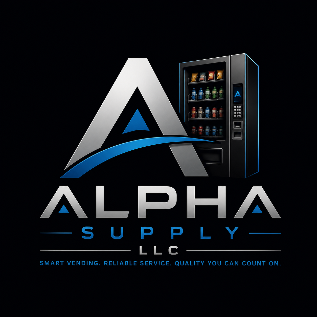Logo for Alpha Supply LLC with a vending machine and tagline: 'Smart vending. Reliable service. Quality you can count on.'