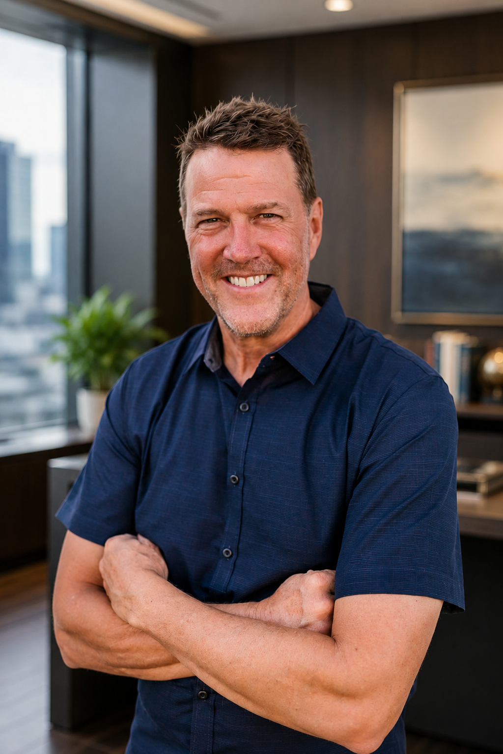 Smiling successful business man with crossed arms in an office setting with a window and city view in the background.