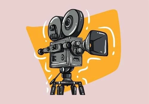 Cartoon illustration of a vintage film camera on a tripod with a pink background and an orange geometric shape behind it.