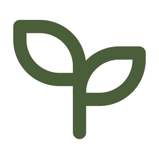 Green icon of a small sprout with two leaves on a transparent background.