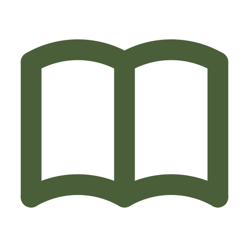 Icon of an open book in dark green outline.