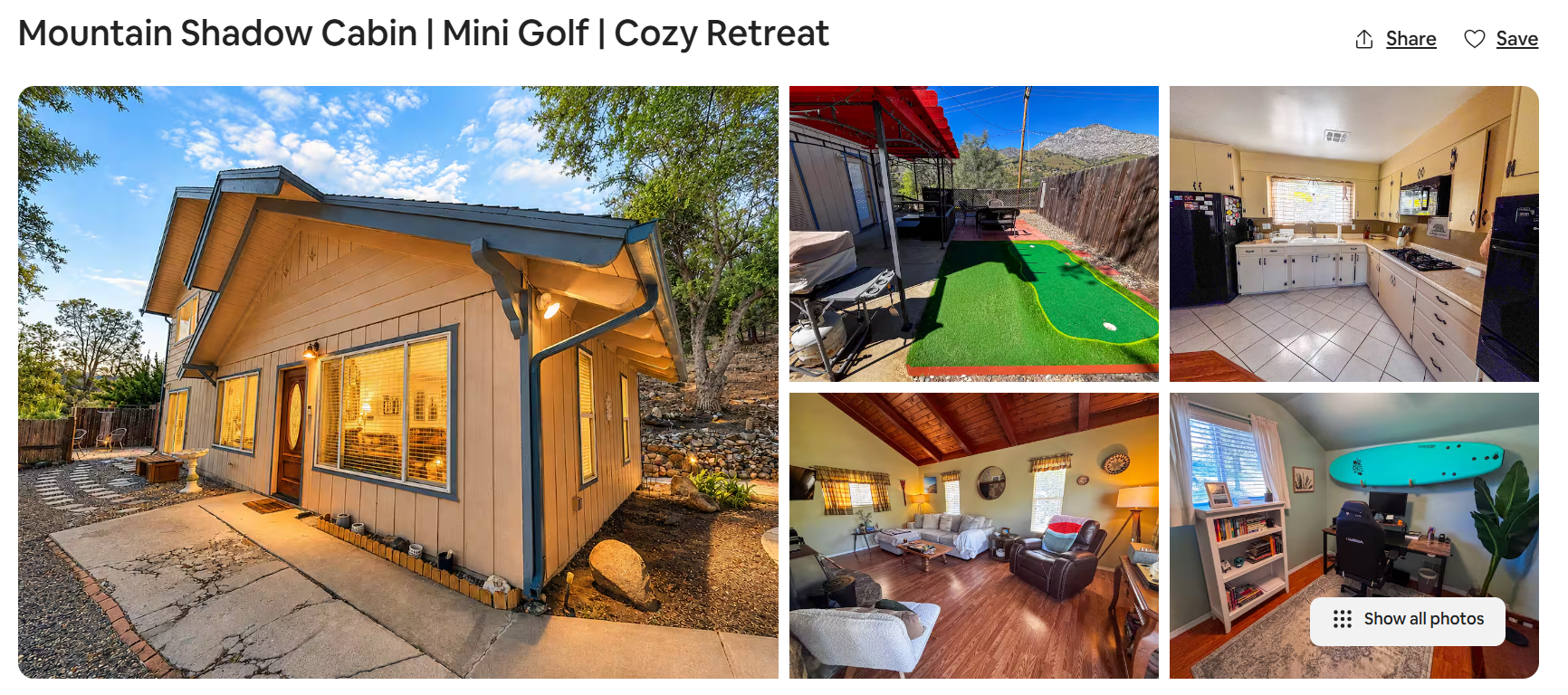 Photos of Mountain Shadow Cabin, a cozy retreat with a mini golf area, a spacious kitchen, a living room, and a workspace with a surfboard wall decor.