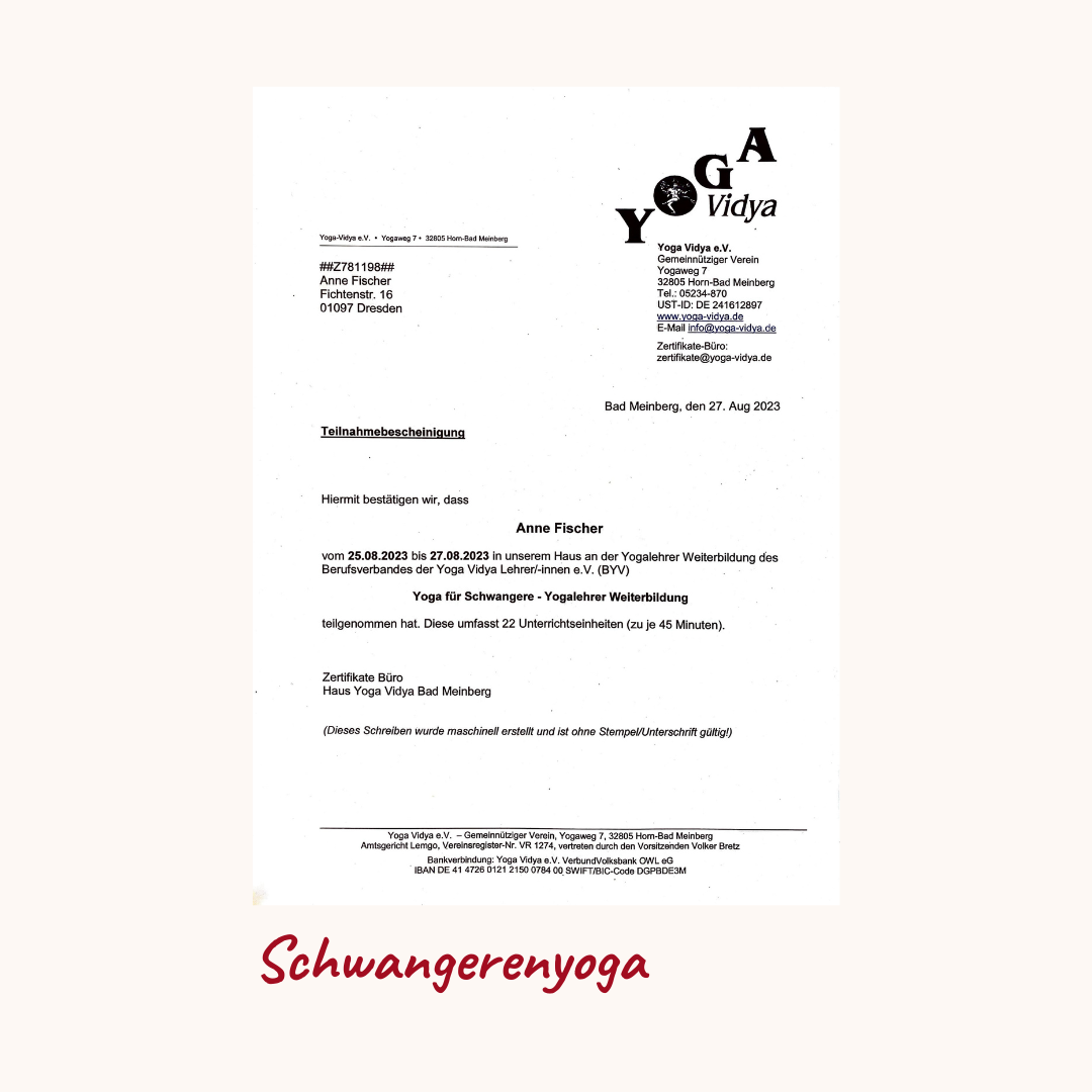 Zertifikat Schwangerenyoga Yogalehrerin Anne, Bewegung aus dem Herzen
