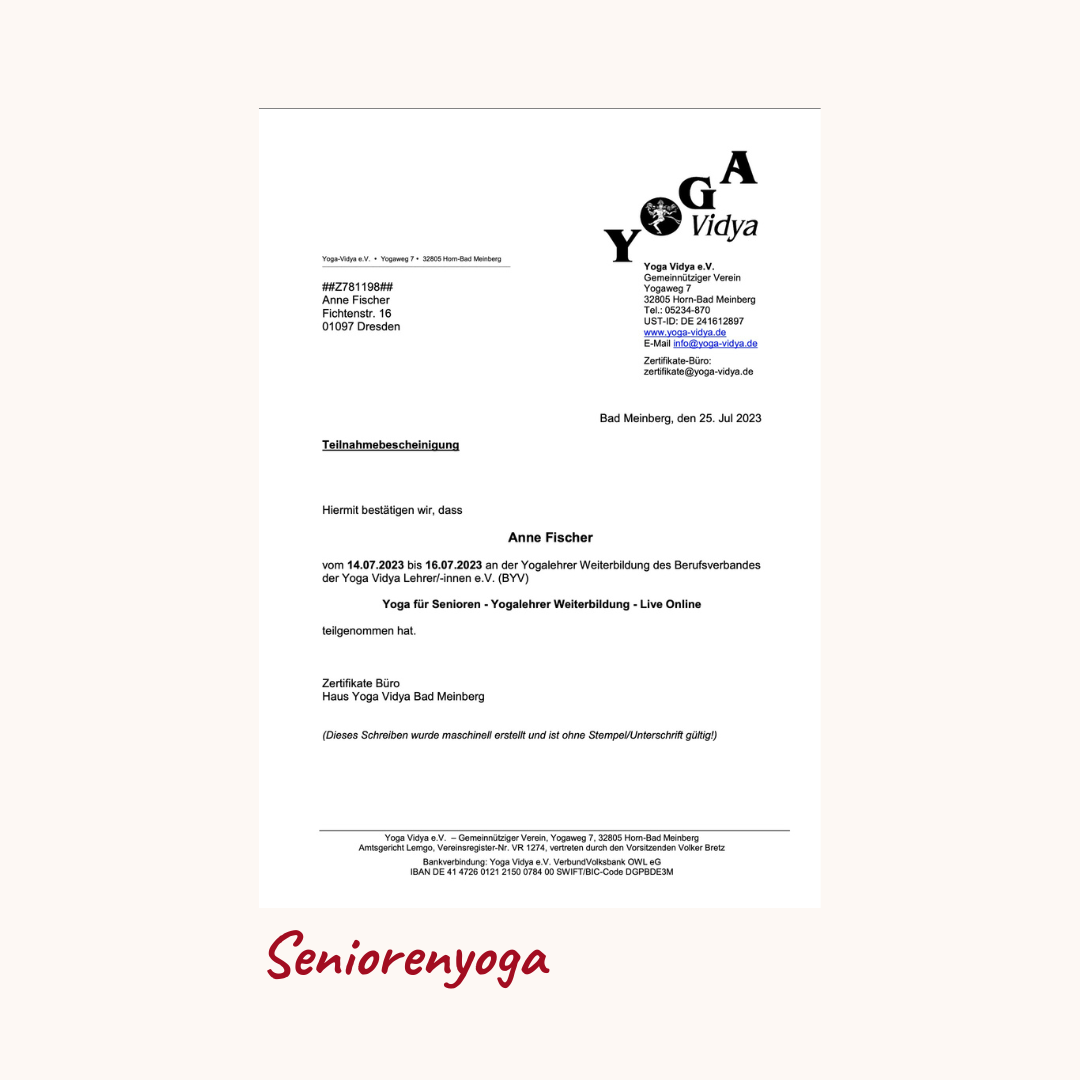 Zertifikat Seniorenyoga Yogalehrerin Anne, Bewegung aus dem Herzen