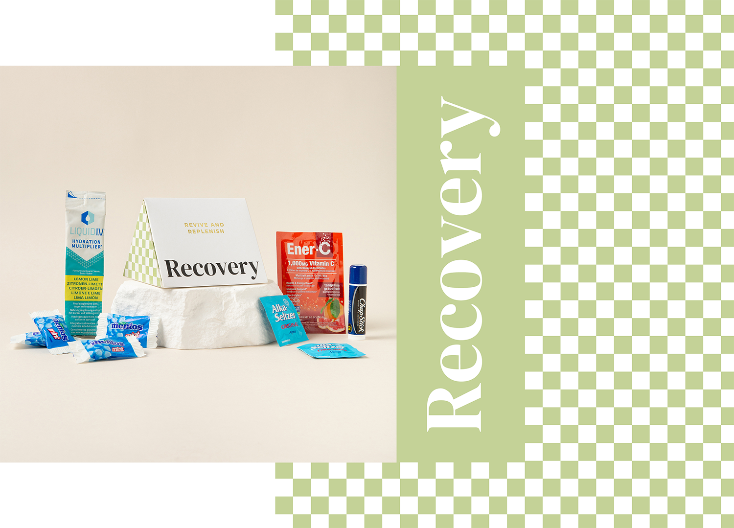 Arrangement of various recovery and health-related products on a beige surface, including a hydration drink, energy supplement, mint candies, and a lip balm, with a green checkered background pattern and the words "Recovery" and "Recovery" in white text.