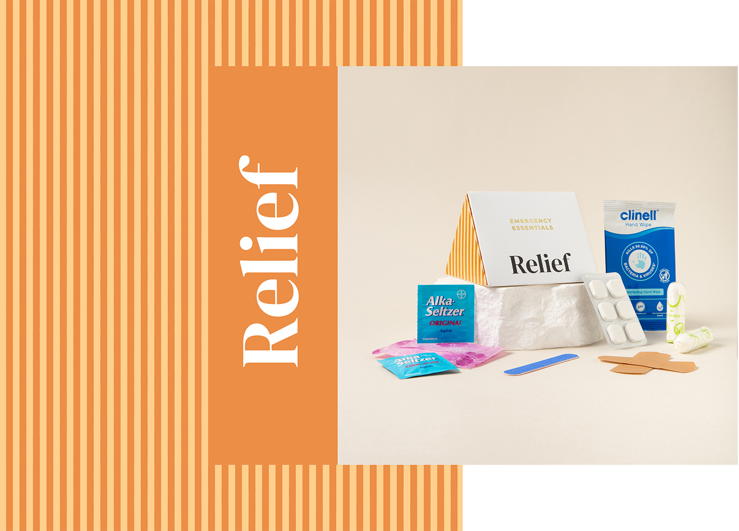 A collection of medical supplies including antiseptic wipes, adhesive bandages, gauze, tablets, blister packs, and a box labeled Relief, with the word 'Respect' in large white text on an orange vertical banner.