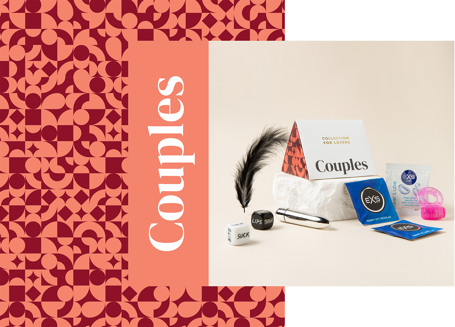 Collection of adult products for couples, including condoms, lubricant, and other intimate items, arranged on a light surface with decorative packaging.