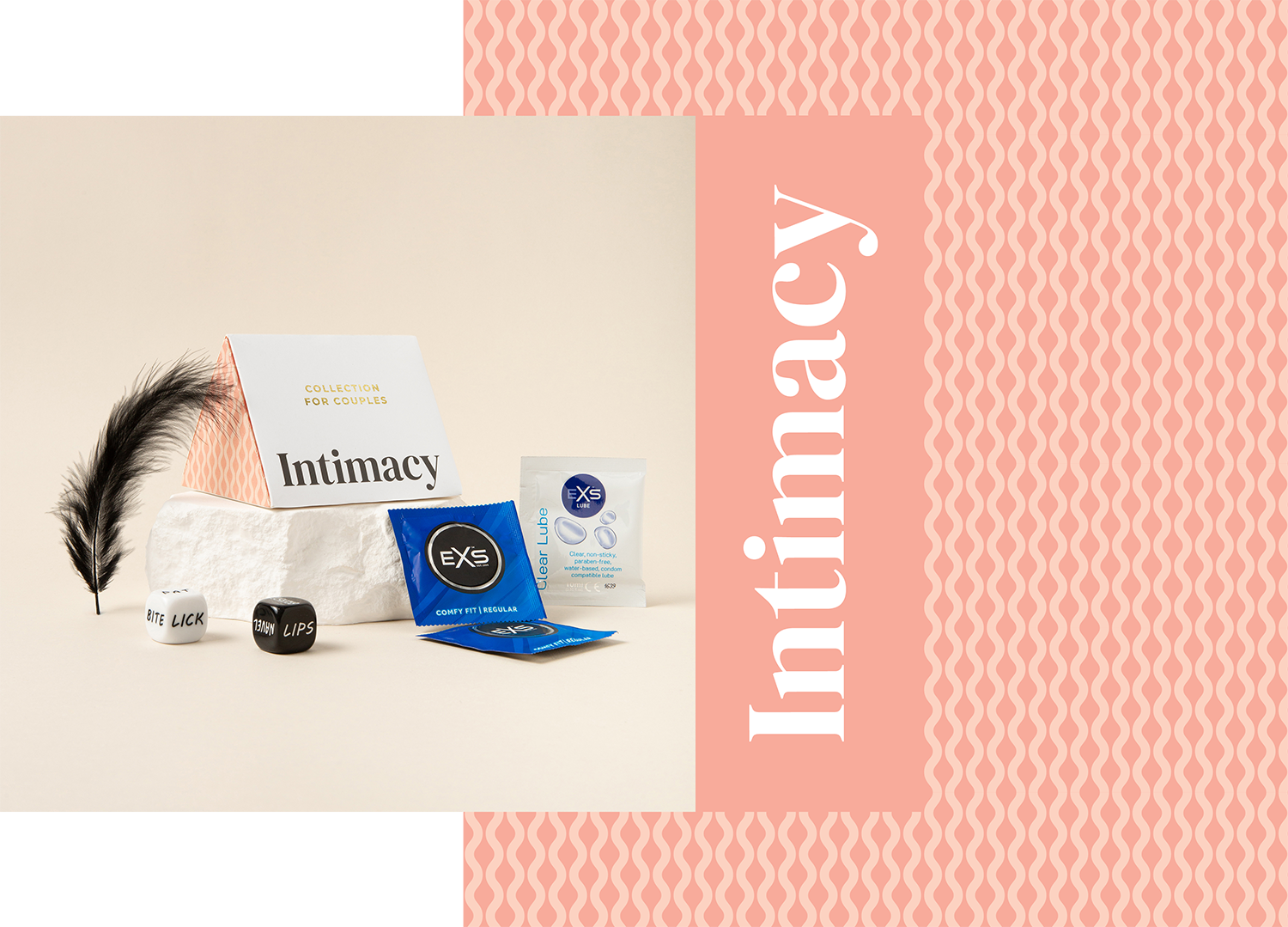 Collection of intimate products for couples, including condoms, massage stones, and lubrication, arranged on a beige surface with a pink patterned background.