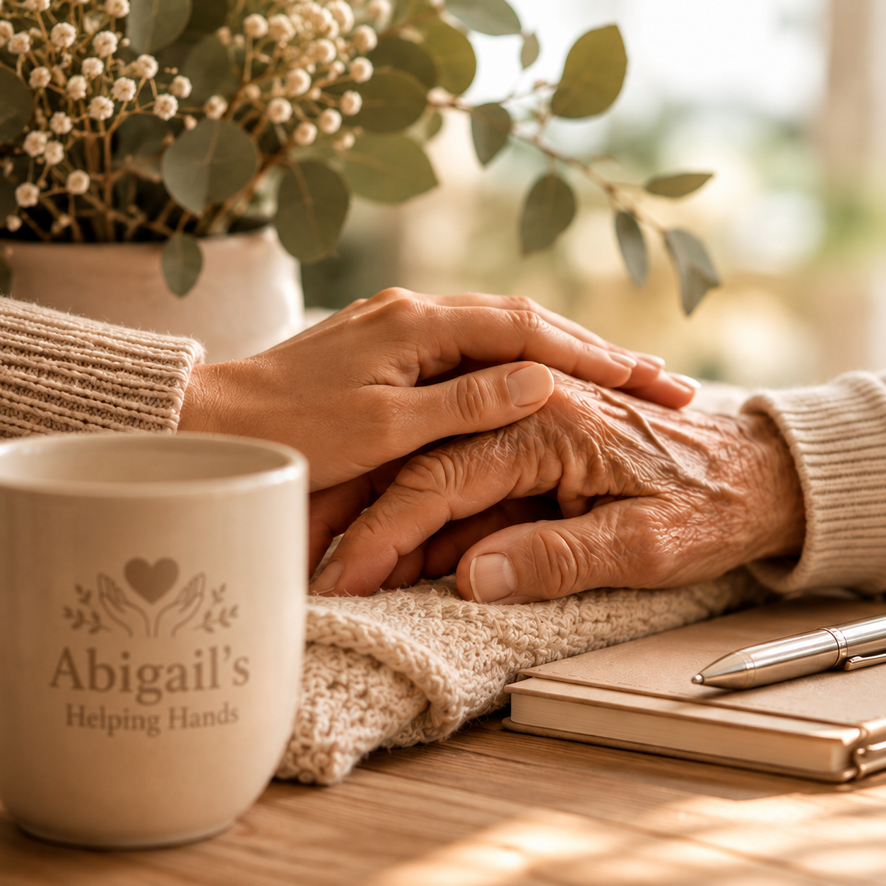A younger person gently holding an elderly person's hand on a cozy table with a mug that reads "Abigail's Helping Hands," a notebook, and a silver pen, with a vase of flowers in the background.