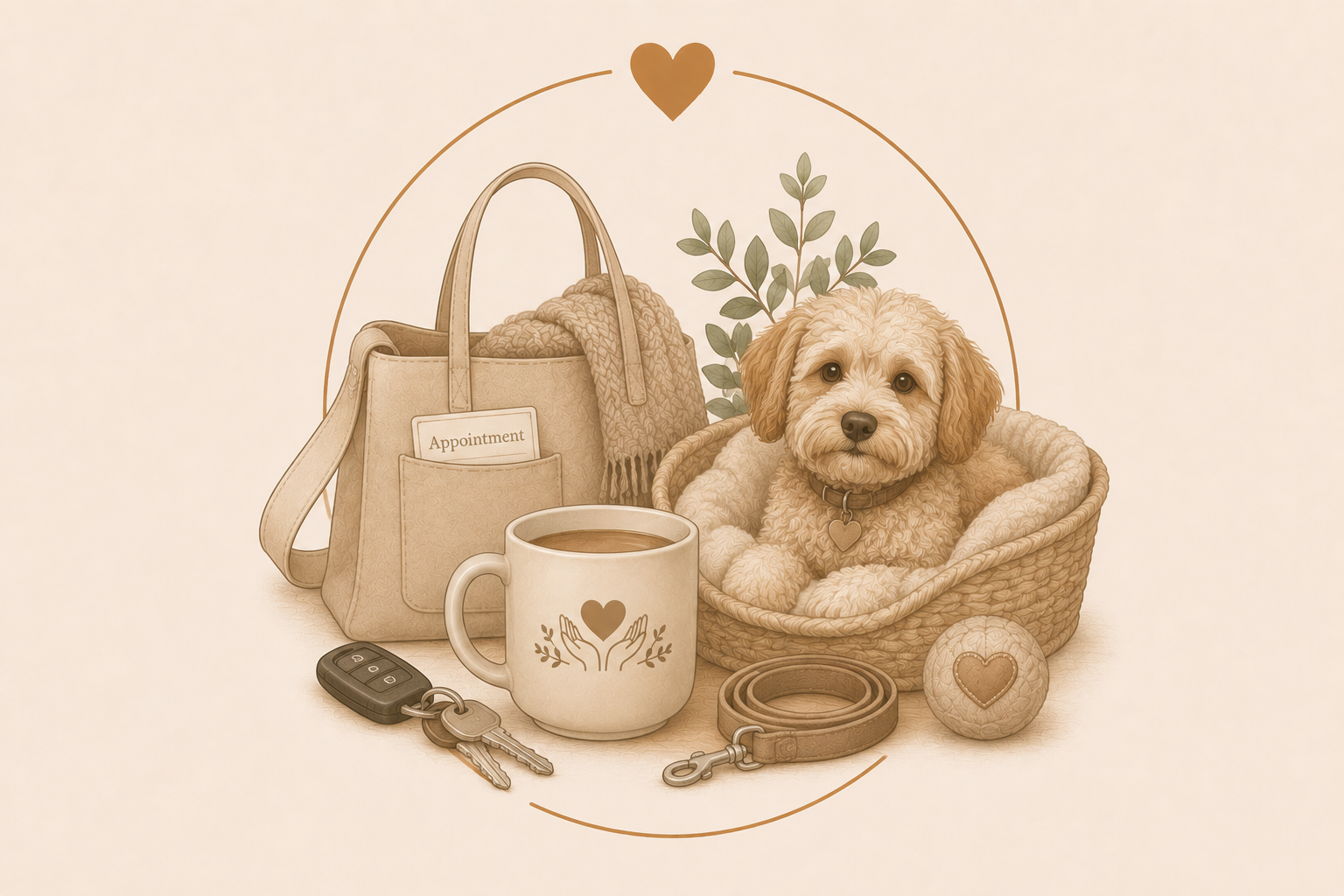 A cute beige puppy with floppy ears sitting in a wicker basket with a blanket, surrounded by a coffee mug, a set of car keys, a leash, a ball, and a beige tote bag with an appointment card, all arranged with greenery and a heart motif in a warm, monochromatic color scheme.
