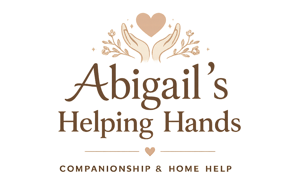 Logo for Abigail's Helping Hands, a companionship and home help service, featuring a heart with hands and floral accents.