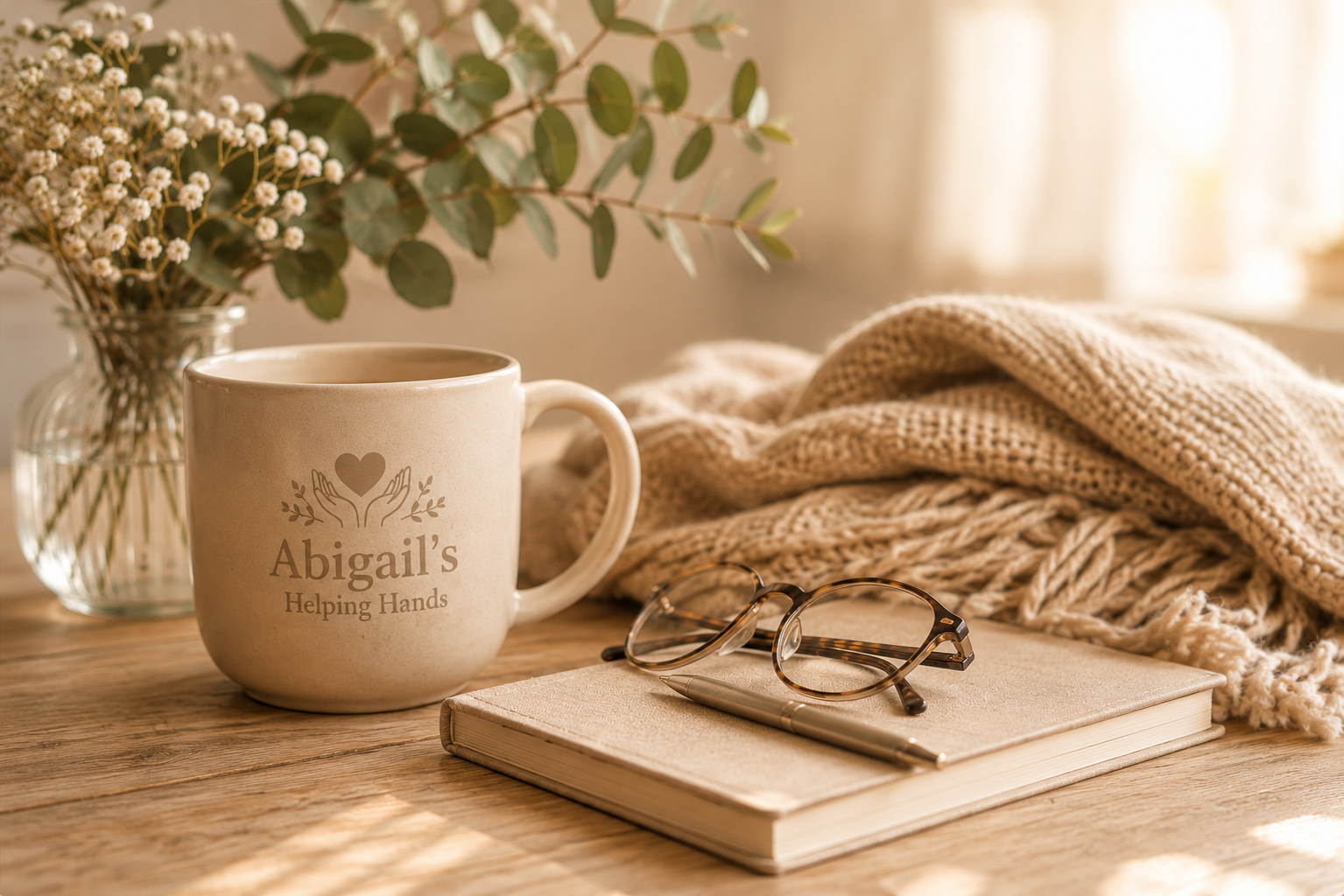 A cozy tabletop scene with a floral arrangement, a custom mug reading 'Abigail's Helping Hands,' a closed notebook, a pair of eyeglasses, a pen, and a folded knit blanket, illuminated by natural sunlight.