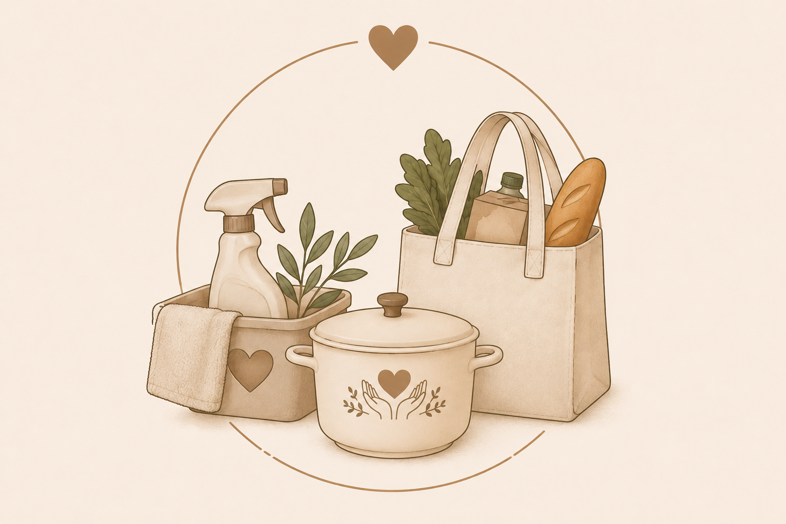 A beige tote bag with kitchen items inside, including a bottle, leafy greens, a baguette, and a small bottle, placed behind a beige container holding cleaning spray, green leaves, and a towel, surrounded by a circle with a heart at the top.