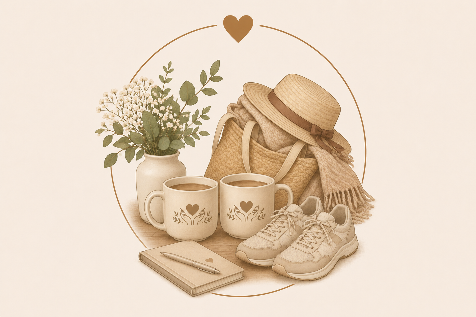 A cozy still life scene with a potted plant, two coffee mugs with heart designs, a notebook with a pen, a pair of sneakers, a handbag, a hat, and a scarf arranged on a wooden surface.