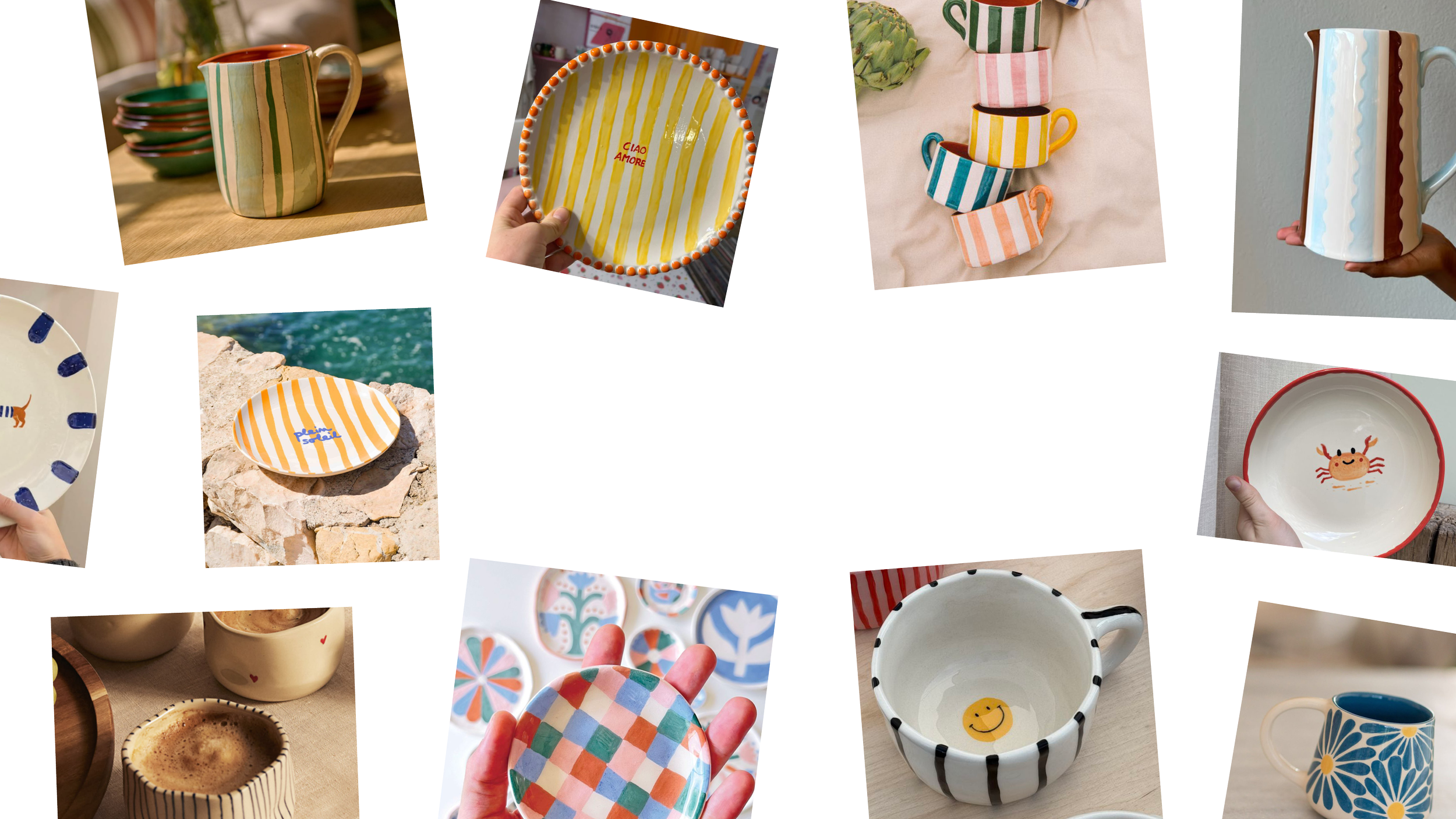 Une collection de vaisselle en céramique décorée de motifs colorés, comprenant des mugs, des assiettes, et un bol avec des dessins de crabes, de chat, de soleil, et des motifs géométriques. Certains articles sont posés sur des surfaces en bois ou en pierre, d'autres tenus en main.