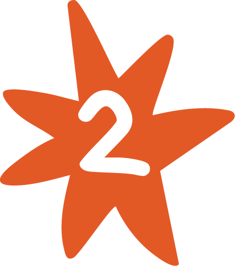 Une étoile orange avec un grand chiffre blanc 2 au centre.