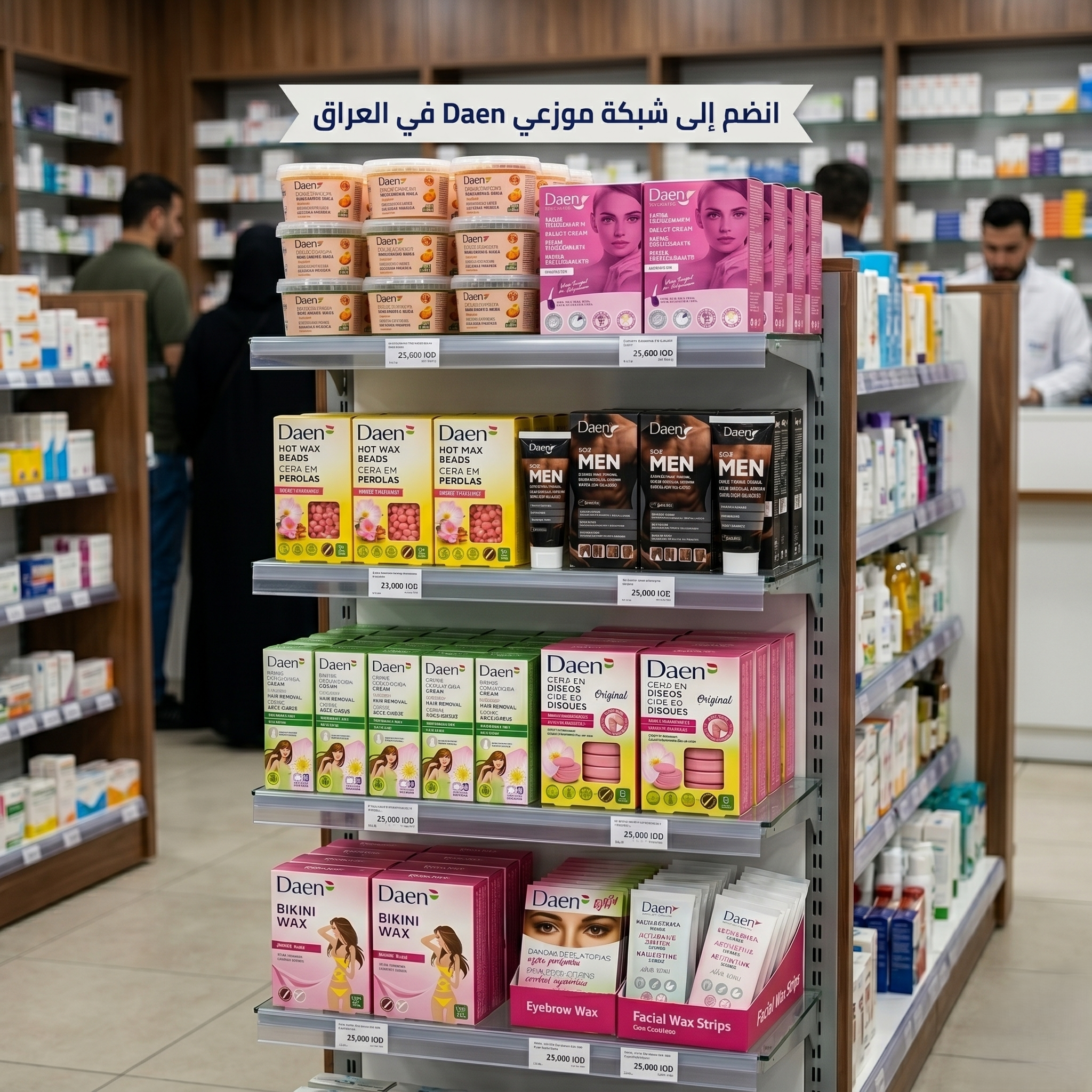 Shelves in a pharmacy or beauty store with skincare and waxing products, with people shopping in background.