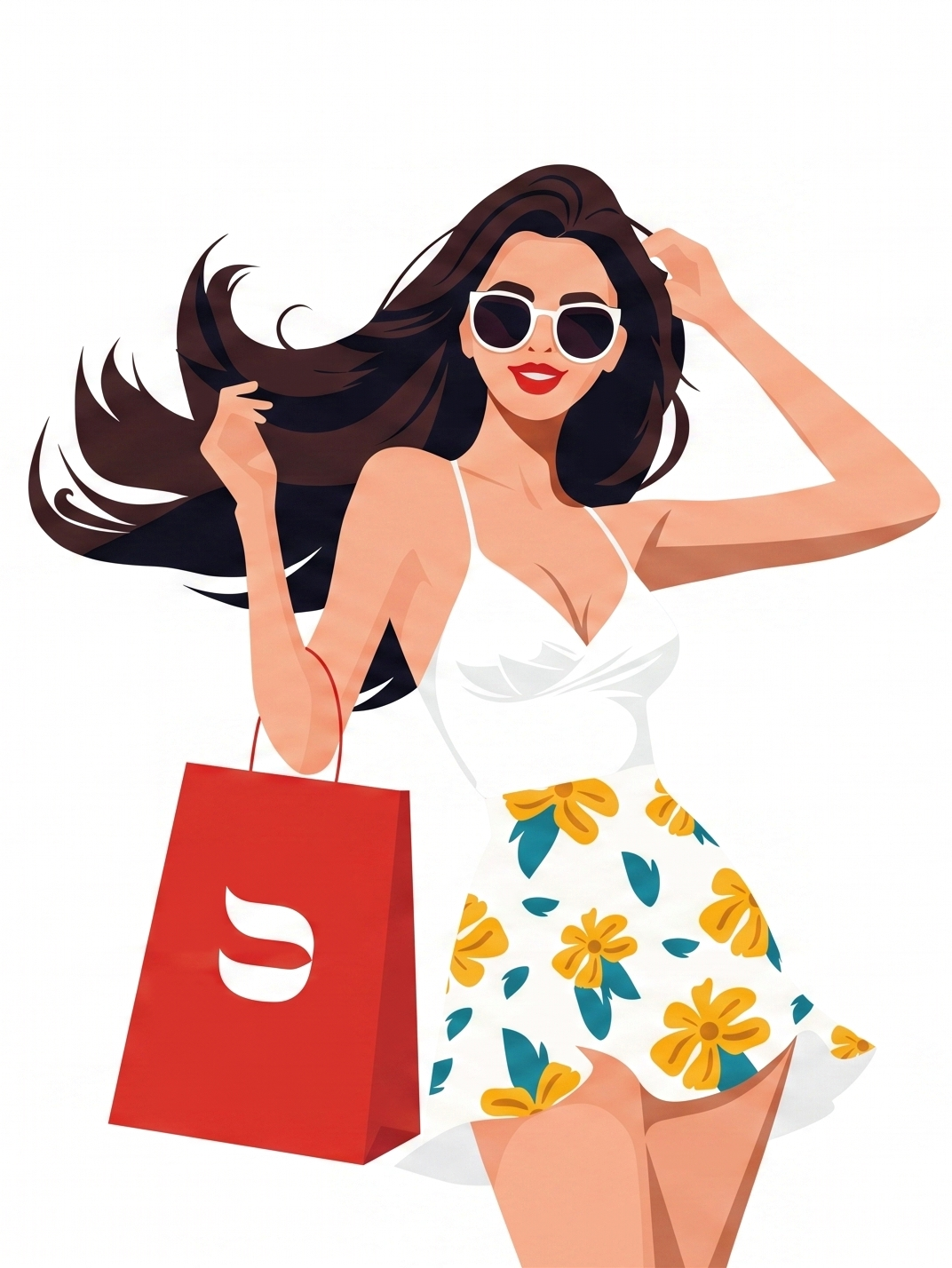 A woman with long dark hair, wearing sunglasses, a white top, floral skirt, and holding a red shopping bag, smiling.